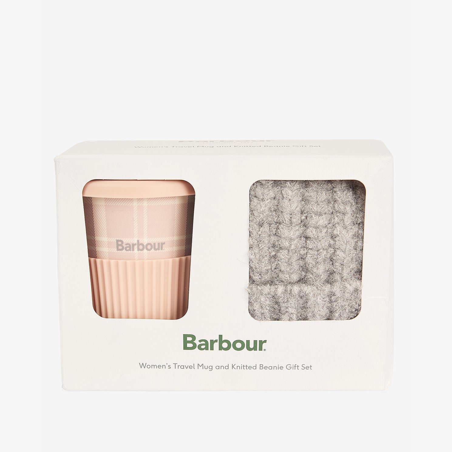 Barbour TRAVEL MUG & BEANIE Gift Set Womens Pink/Grey front view in branded gift box showcasing beanie and travel mug.