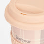 Barbour TRAVEL MUG & BEANIE Gift Set Womens Pink/Grey close-up view of pink travel mug lid with logo.