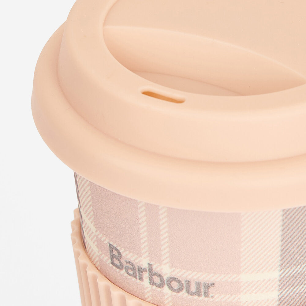 Barbour TRAVEL MUG & BEANIE Gift Set Womens Pink/Grey close-up view of pink travel mug lid with logo.