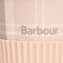 Barbour TRAVEL MUG & BEANIE Gift Set Womens Pink/Grey detail view of travel mug logo on soft pink background.