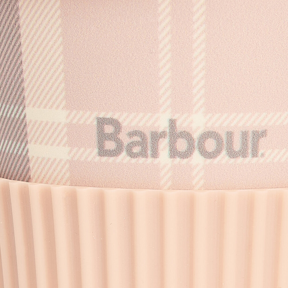 Barbour TRAVEL MUG & BEANIE Gift Set Womens Pink/Grey detail view of travel mug logo on soft pink background.