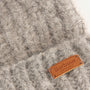 Barbour TRAVEL MUG & BEANIE Gift Set Womens Pink/Grey detail view of grey beanie with leather label