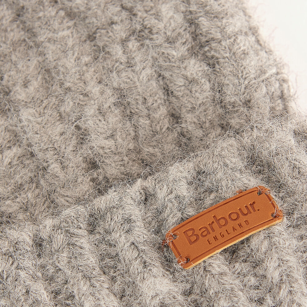 Barbour TRAVEL MUG & BEANIE Gift Set Womens Pink/Grey detail view of grey beanie with leather label