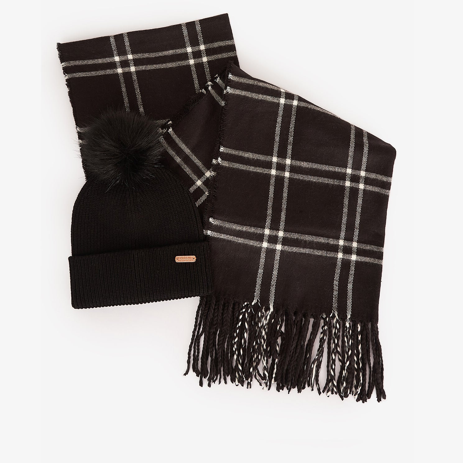 Barbour MALLORY BEANIE & WINDOWPANE SCARF Gift Set Womens Black - top view of black beanie with pom pom and plaid scarf.