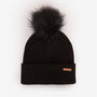 Barbour MALLORY BEANIE & WINDOWPANE SCARF Gift Set Womens Black front view of black knit beanie with pom-pom.