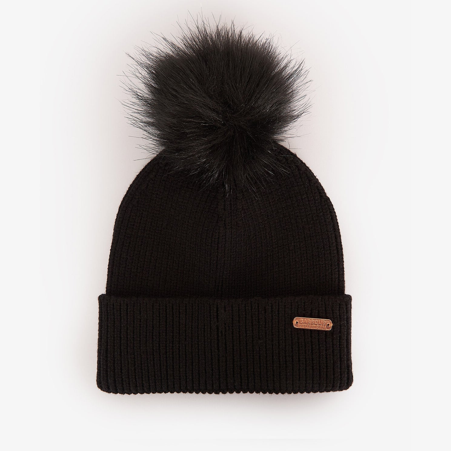 Barbour MALLORY BEANIE & WINDOWPANE SCARF Gift Set Womens Black front view of black knit beanie with pom-pom.