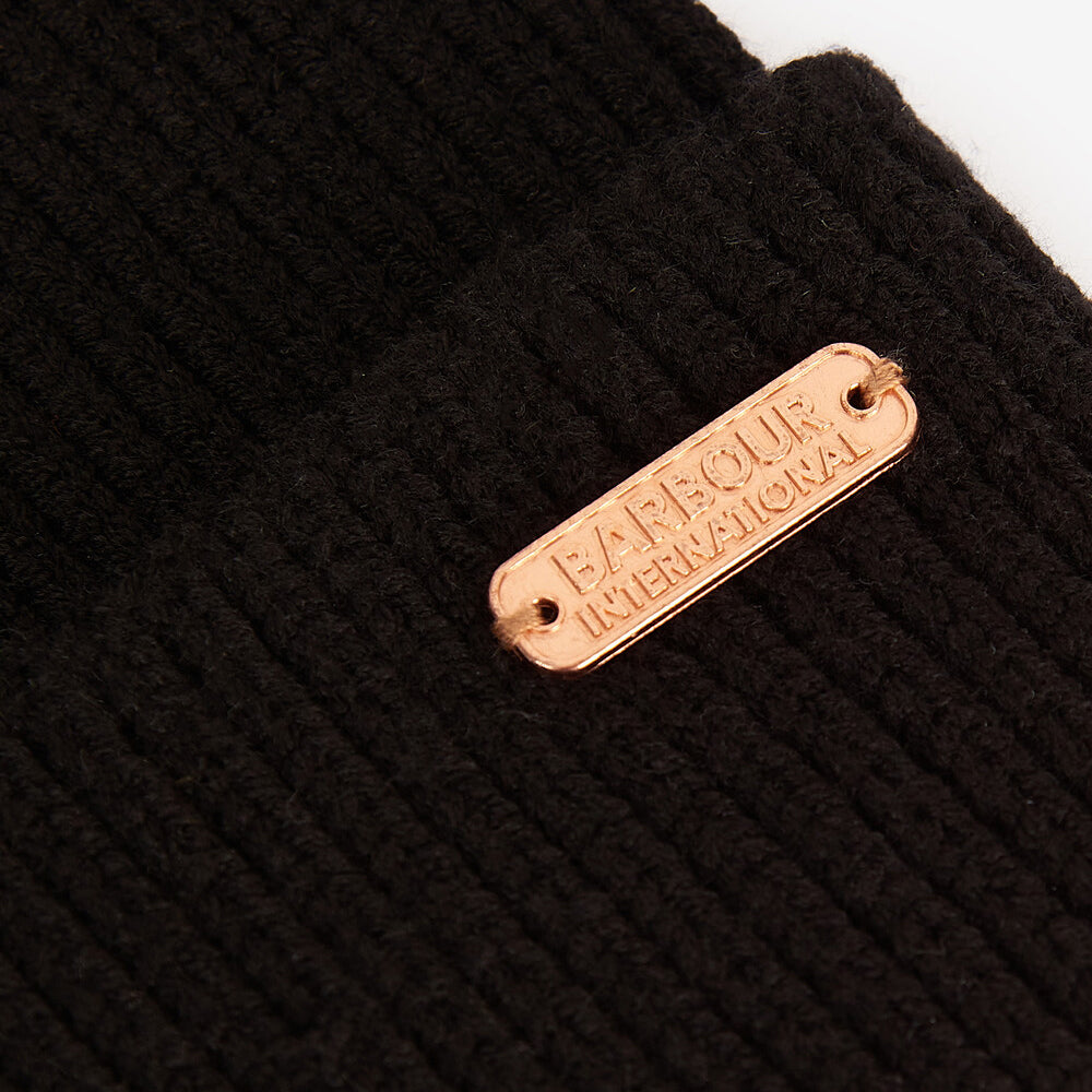 Barbour MALLORY BEANIE & WINDOWPANE SCARF Gift Set Womens Black close-up detail of branded tag.