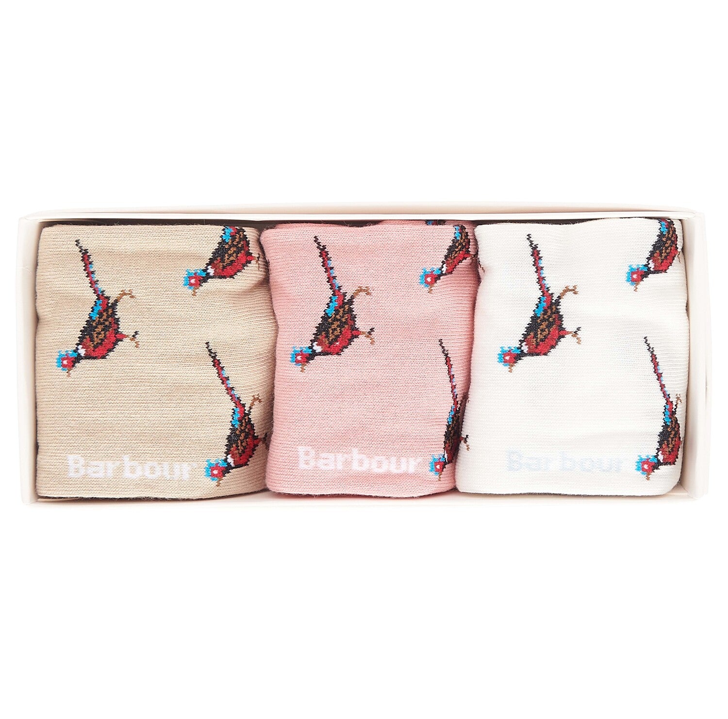 Barbour PHEASANT SOCK 3-Pack Gift Set Womens Pink Rust Mix, front view of socks in gift box.