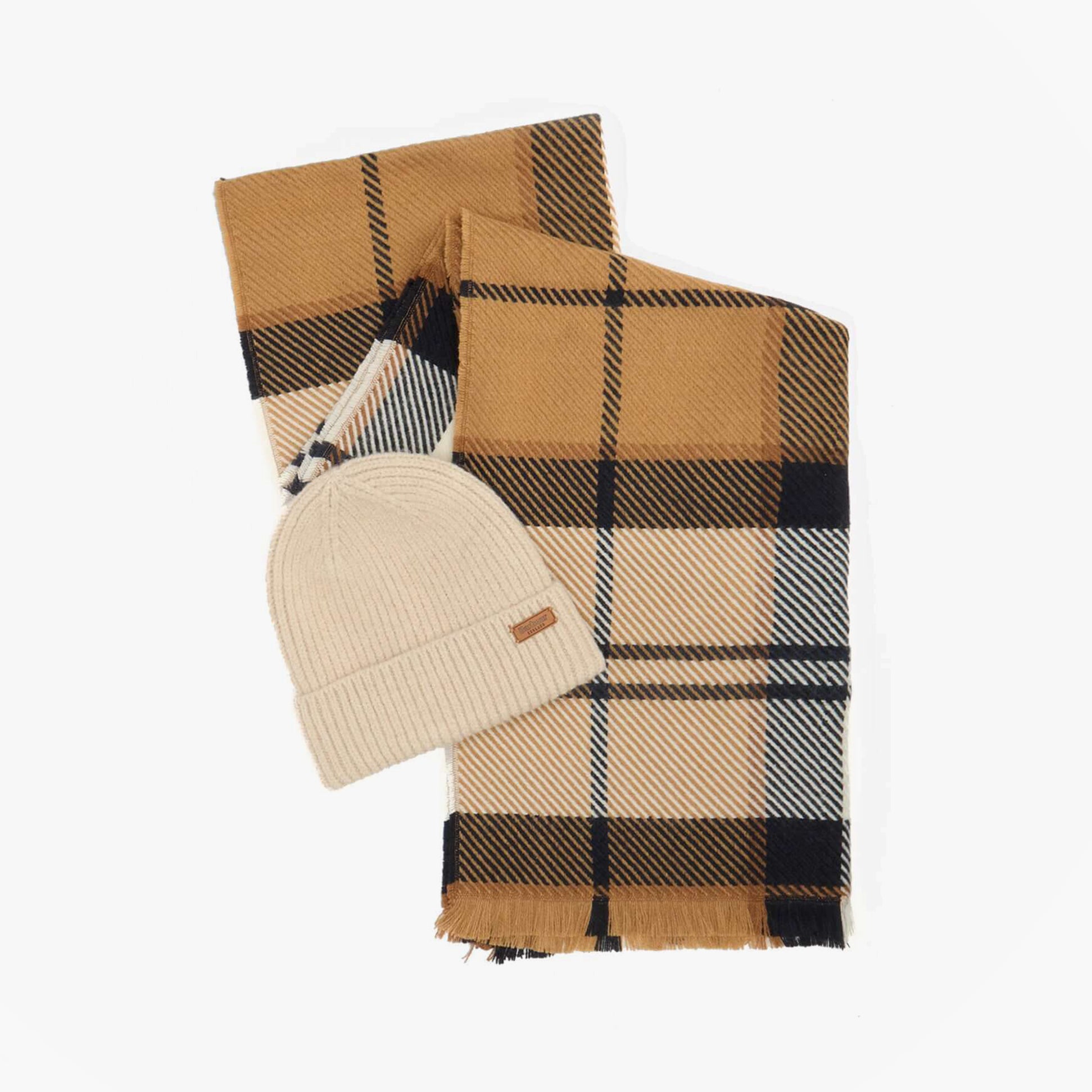 Barbour PENDLE BEANIE & BLAIR SCARF Gift Set Womens Hessian Navy front view with plaid scarf and beige beanie.