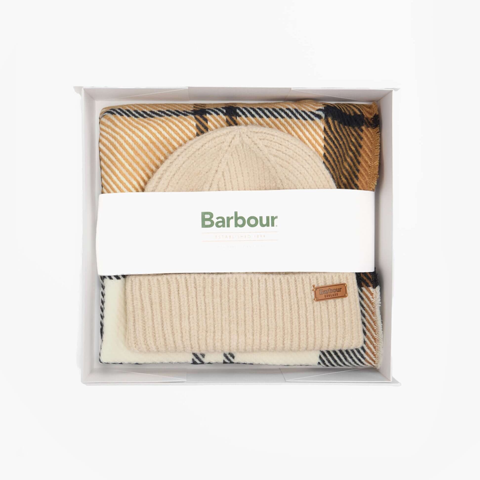 Barbour PENDLE BEANIE & BLAIR SCARF Gift Set Womens Hessian Navy in gift box, top view showing hat and scarf.