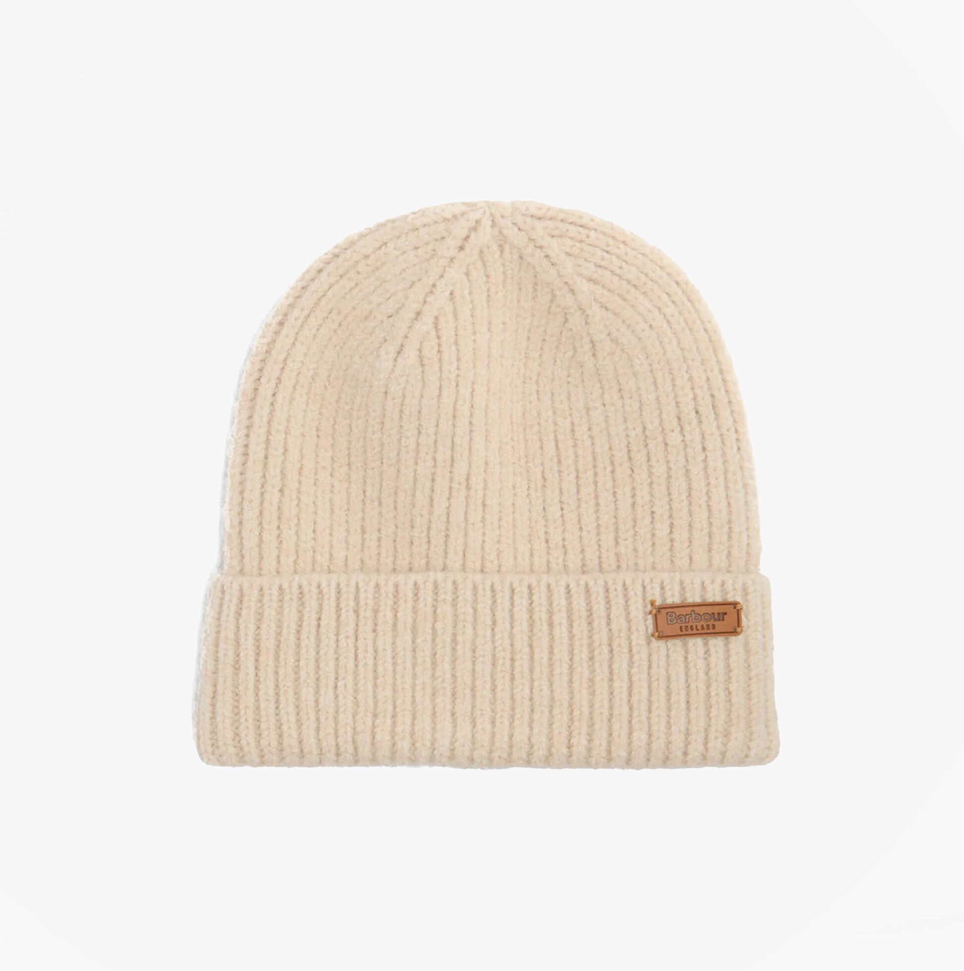 Barbour PENDLE BEANIE & BLAIR SCARF Gift Set Womens Hessian Navy front view of cream beanie with ribbed texture.