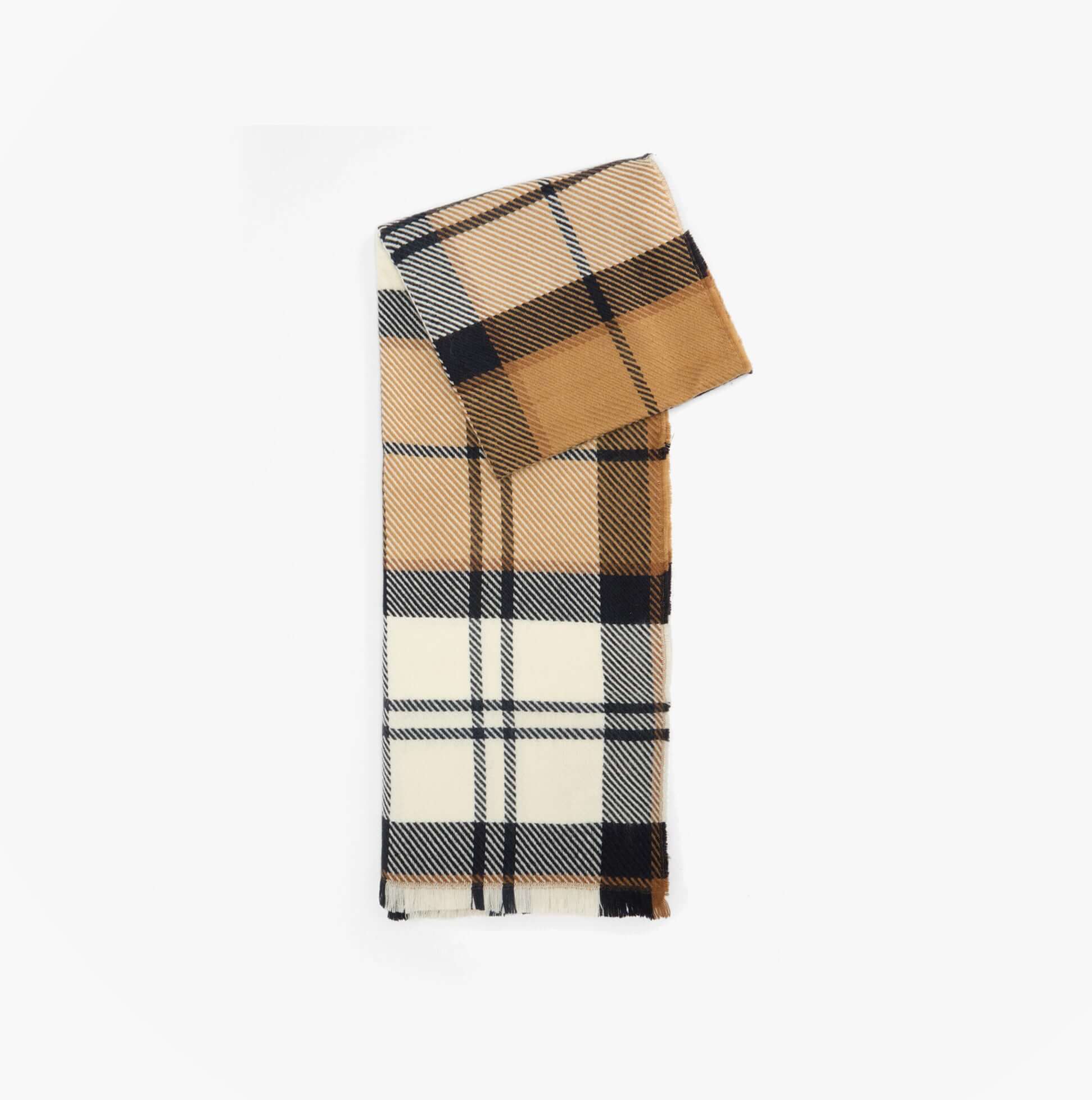 Barbour PENDLE BEANIE & BLAIR SCARF Gift Set Womens Hessian Navy detail view of scarf in plaid design.