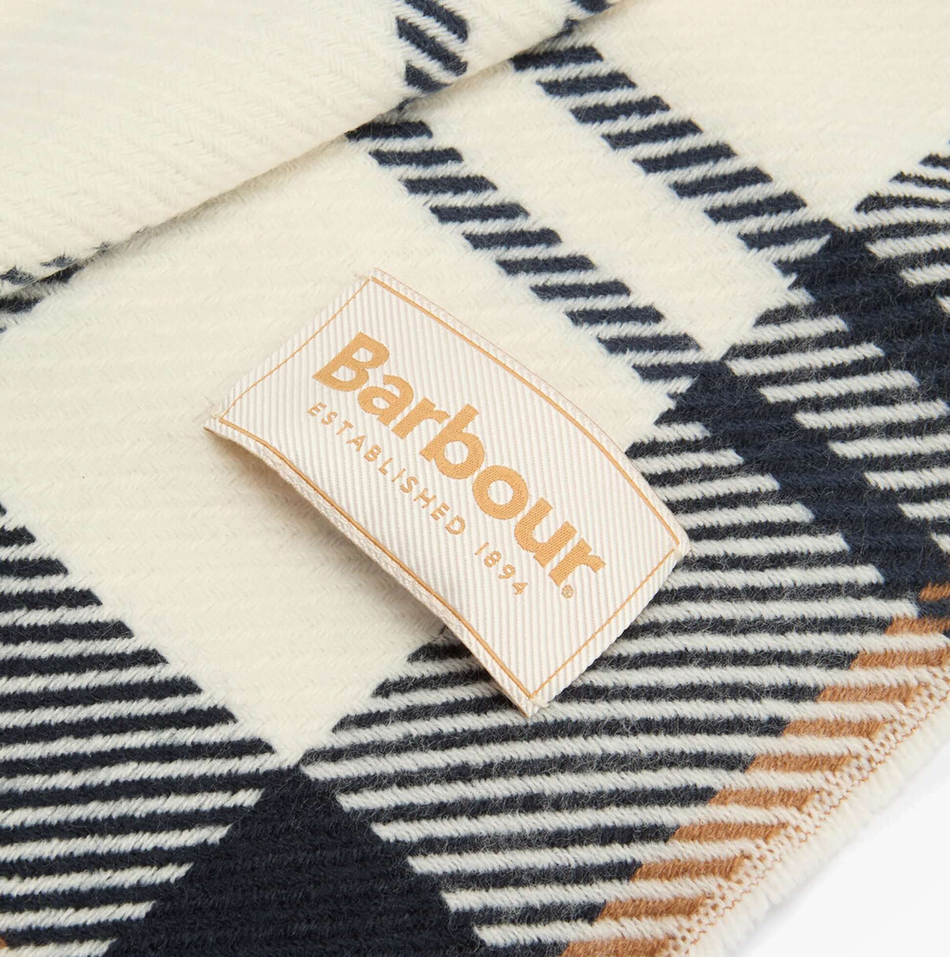 Barbour PENDLE BEANIE & BLAIR SCARF Gift Set Womens Hessian Navy detail view of scarf label