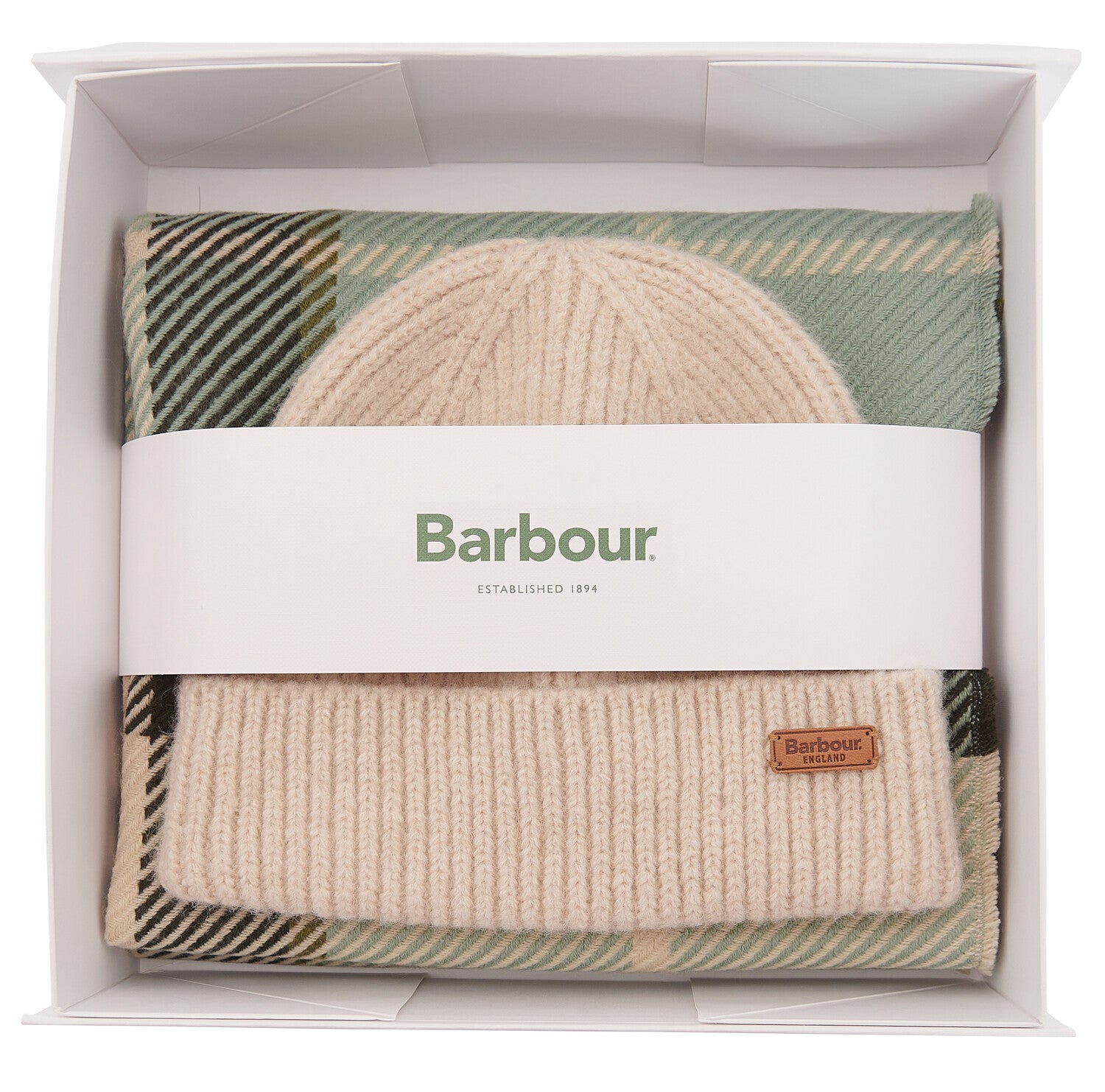 Barbour PENDLE BEANIE & BLAIR SCARF Gift Set Womens Soft Mint in branded gift box, top view showcasing the mint scarf and beanie.