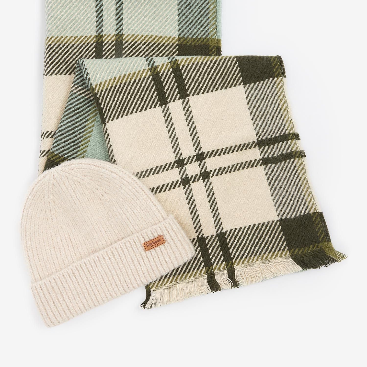 Barbour PENDLE BEANIE & BLAIR SCARF Gift Set Womens Soft Mint, front view showing beanie and scarf in stylish design.