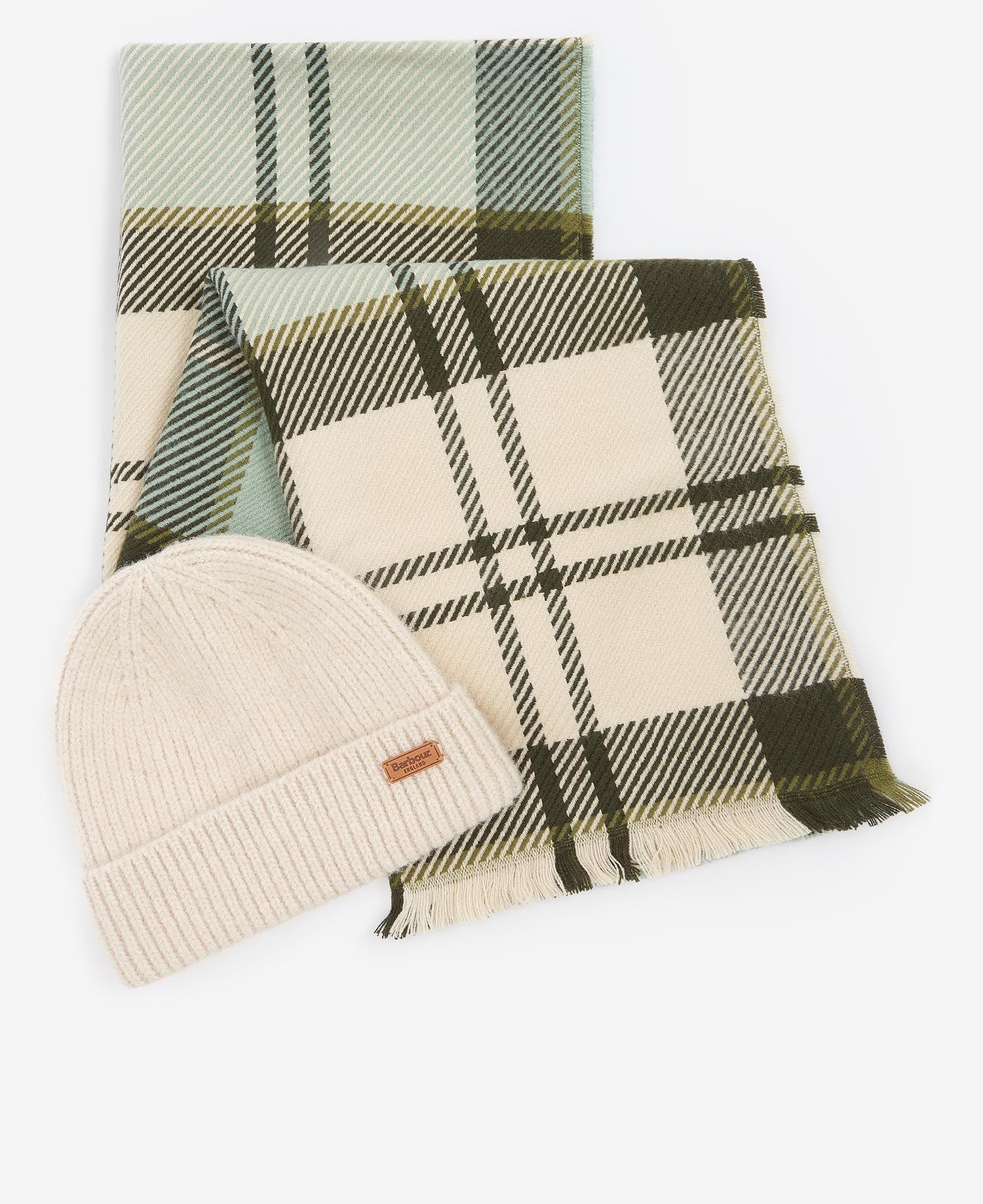Barbour PENDLE BEANIE & BLAIR SCARF Gift Set Womens Soft Mint, front view showing beanie and scarf in stylish design.