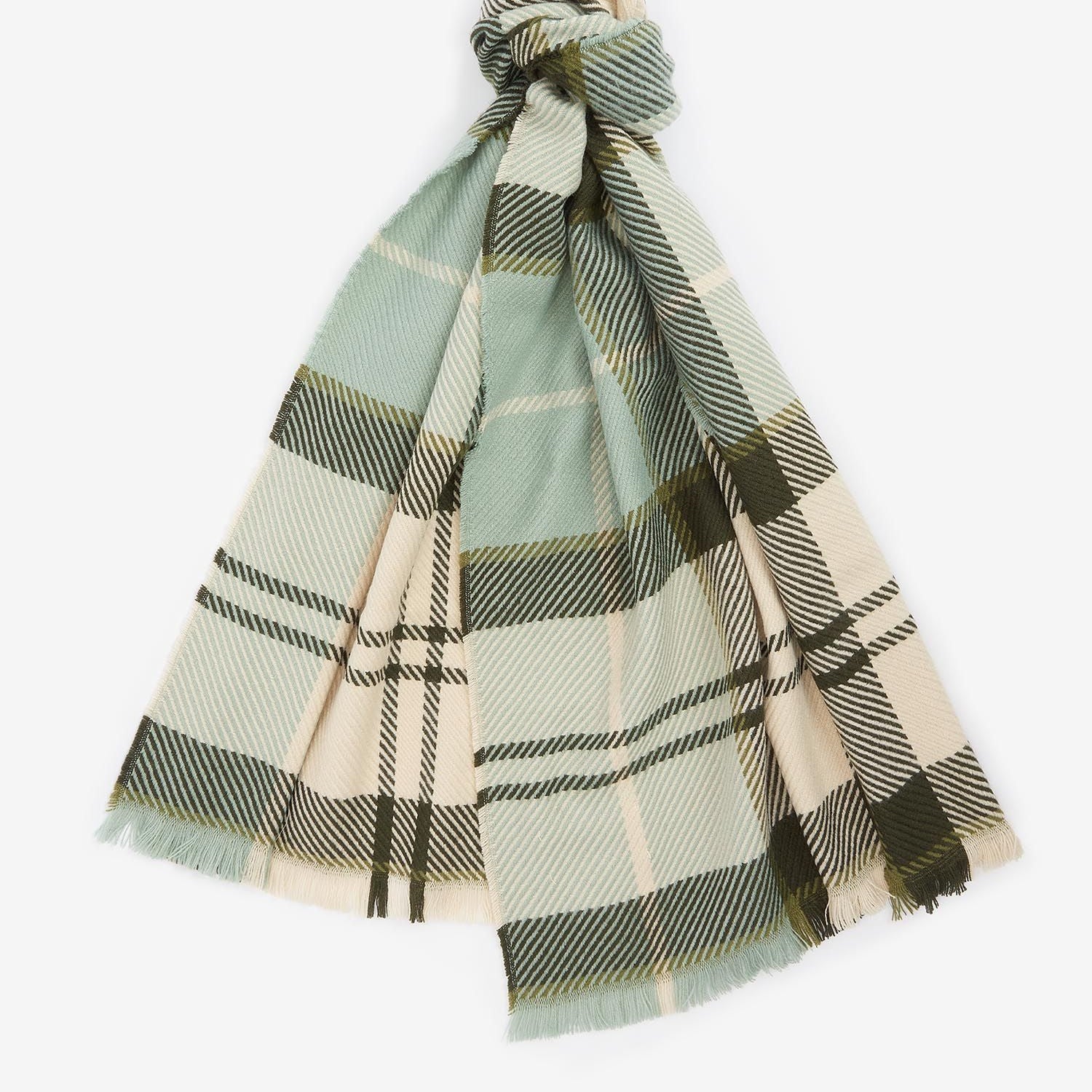 Barbour PENDLE BEANIE & BLAIR SCARF Gift Set Womens Soft Mint, detail view of the plaid scarf showcasing its soft fabric.