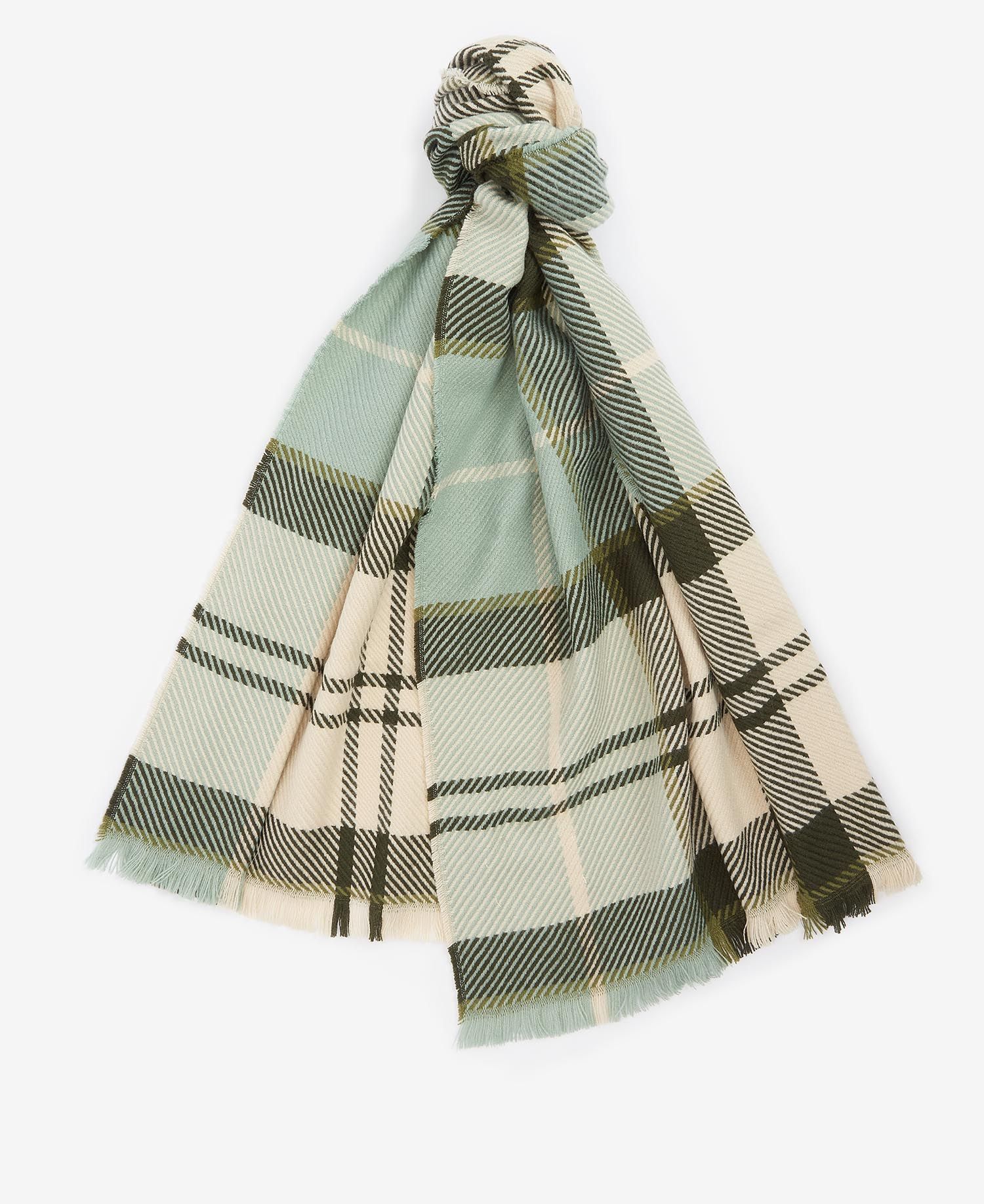 Barbour PENDLE BEANIE & BLAIR SCARF Gift Set Womens Soft Mint, detail view of the plaid scarf showcasing its soft fabric.
