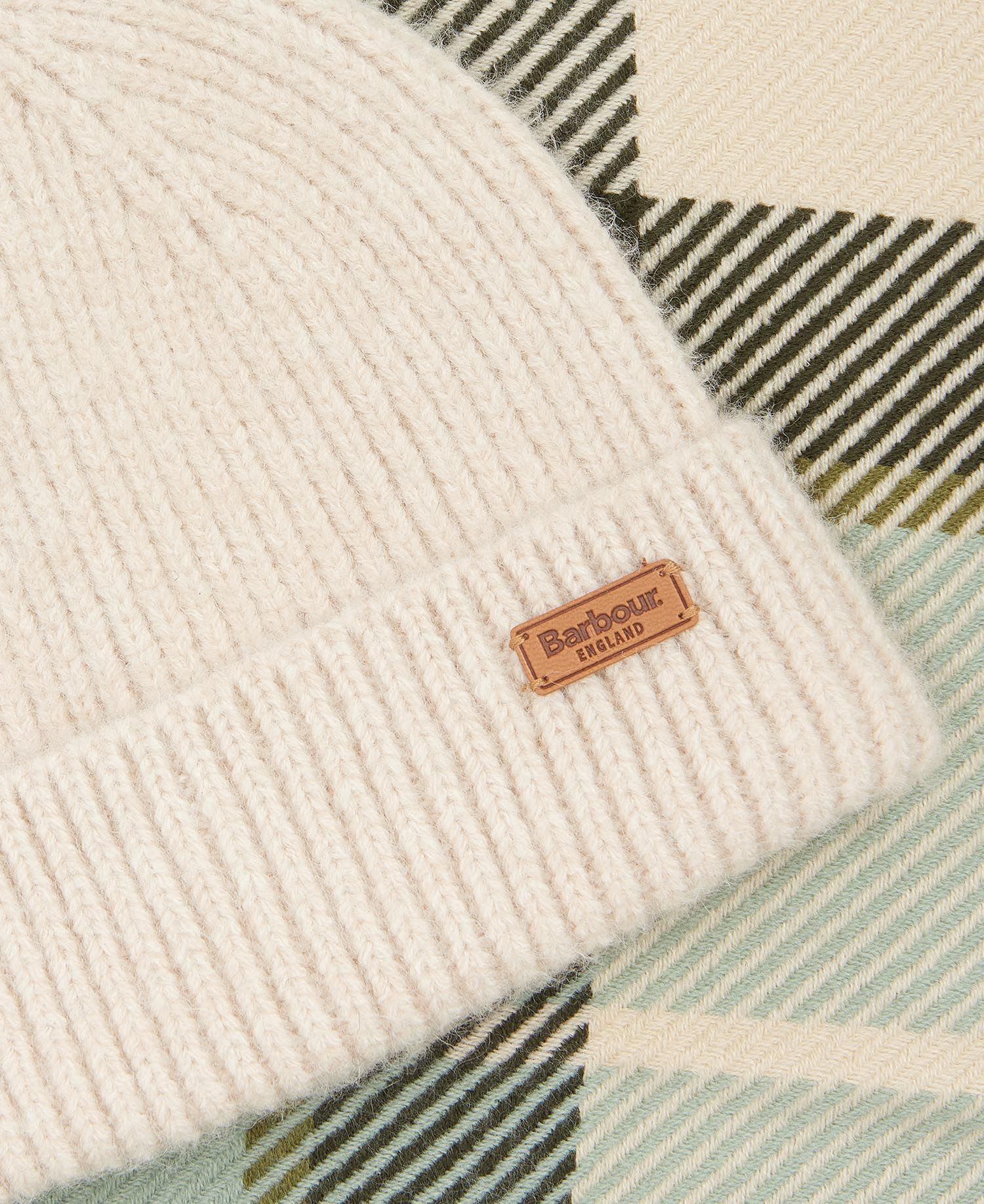 Barbour PENDLE BEANIE & BLAIR SCARF Gift Set Womens Soft Mint detailed view of beanie and scarf fabric texture.