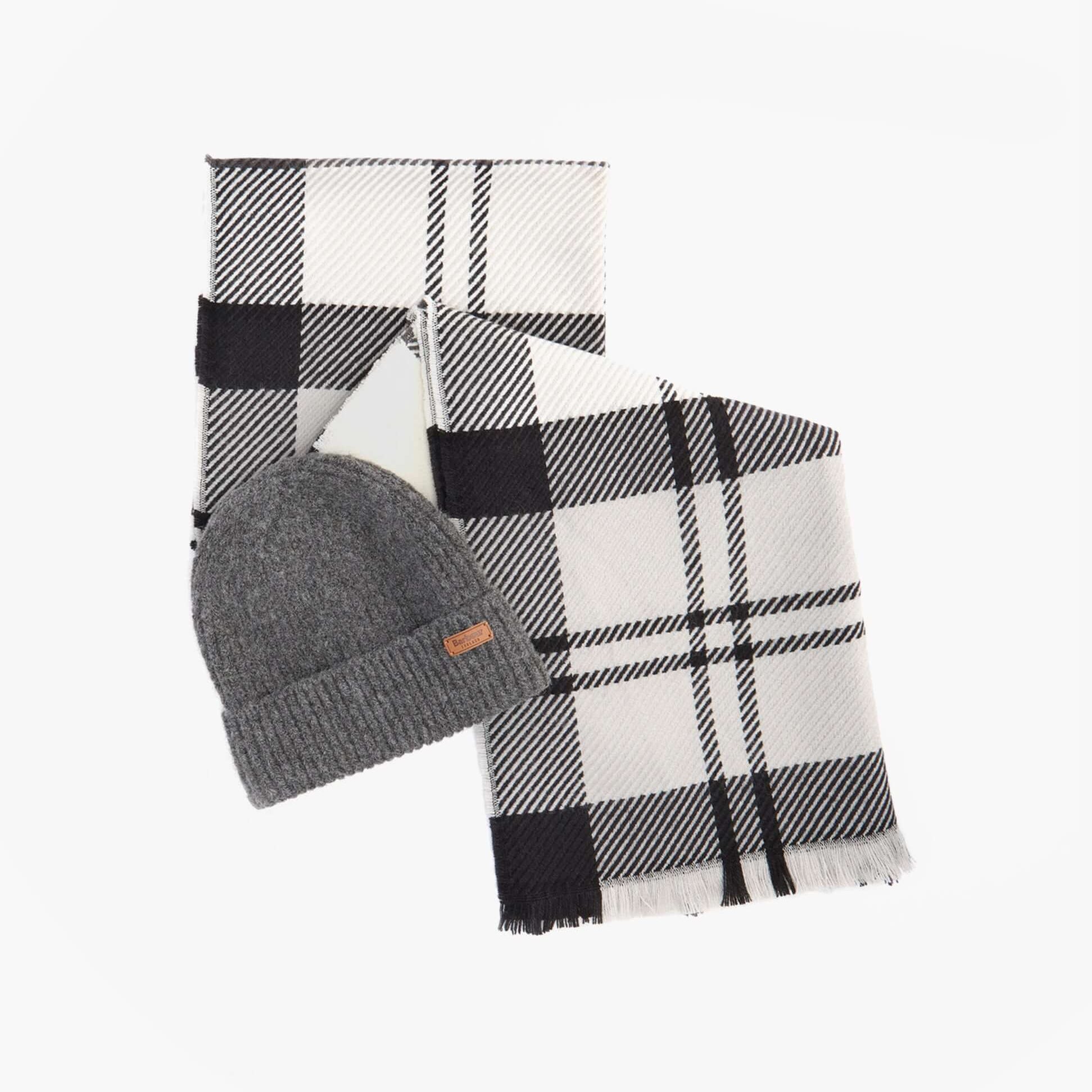 Barbour PENDLE BEANIE & BLAIR SCARF Gift Set Womens Monochrome top view with gray beanie and checkered scarf.