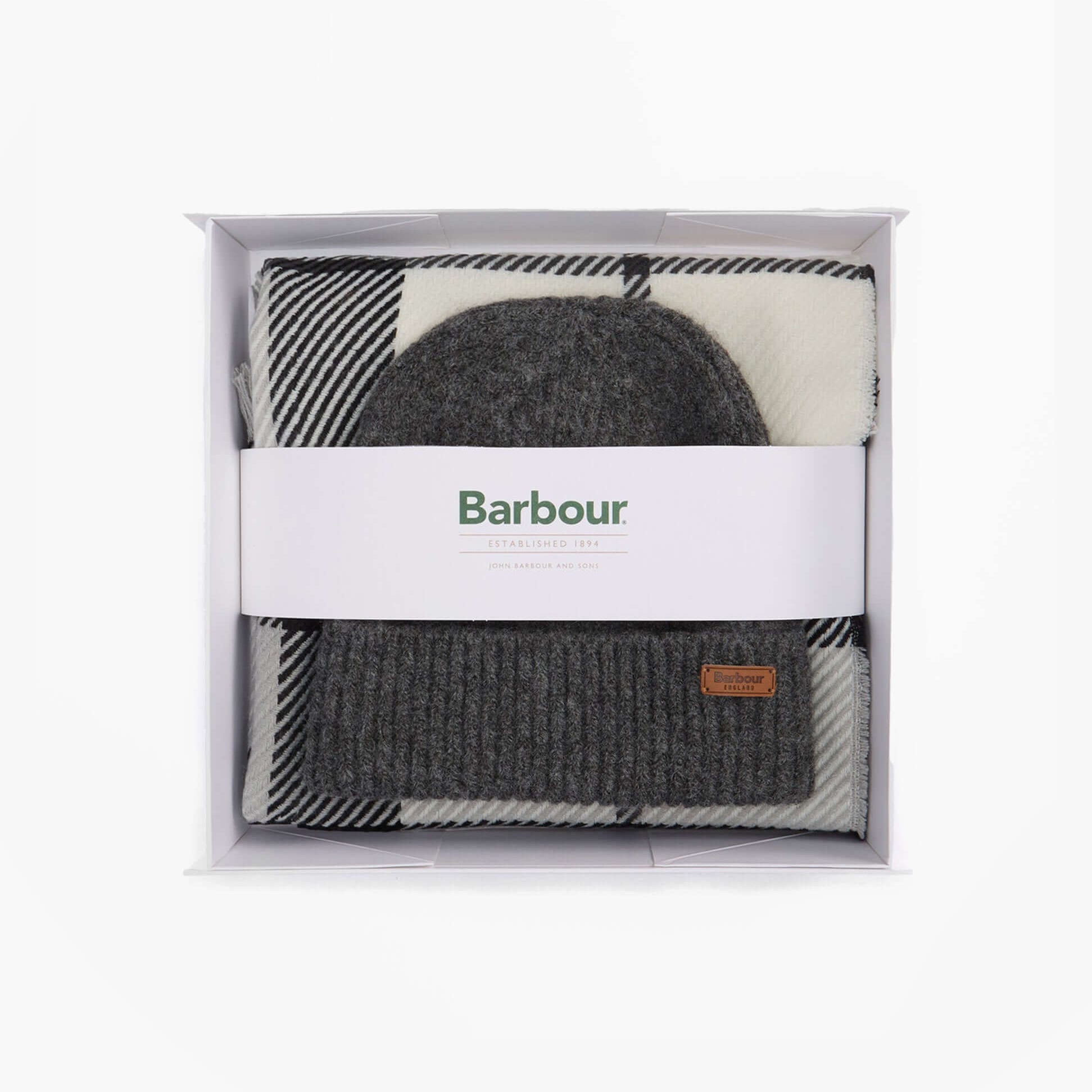 Barbour PENDLE BEANIE & BLAIR SCARF Gift Set Womens Monochrome front view in gift box, showcasing beanie and scarf.