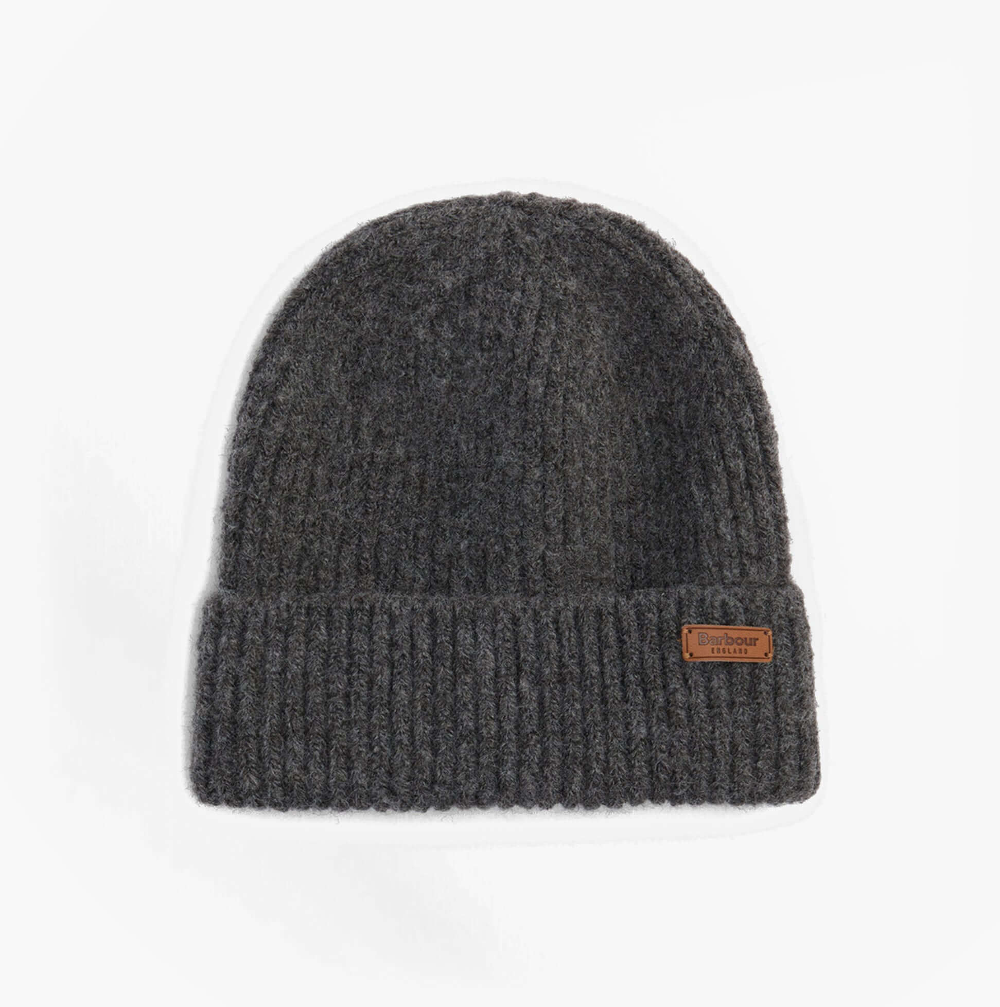 Barbour PENDLE BEANIE & BLAIR SCARF Gift Set Womens Monochrome front view of knitted beanie in grey with label.