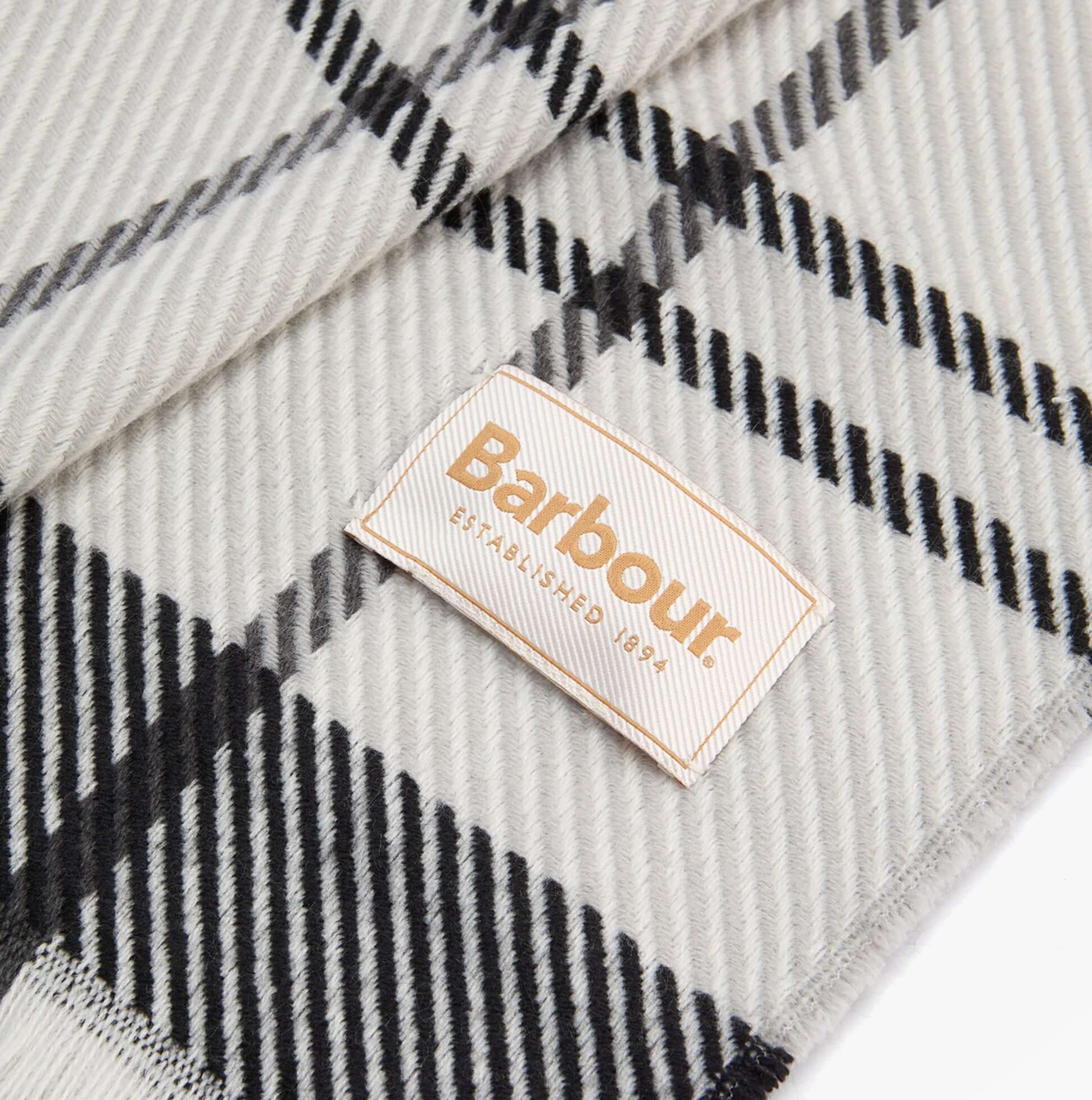 Barbour PENDLE BEANIE & BLAIR SCARF Gift Set Womens Monochrome detail view of plaid scarf with label