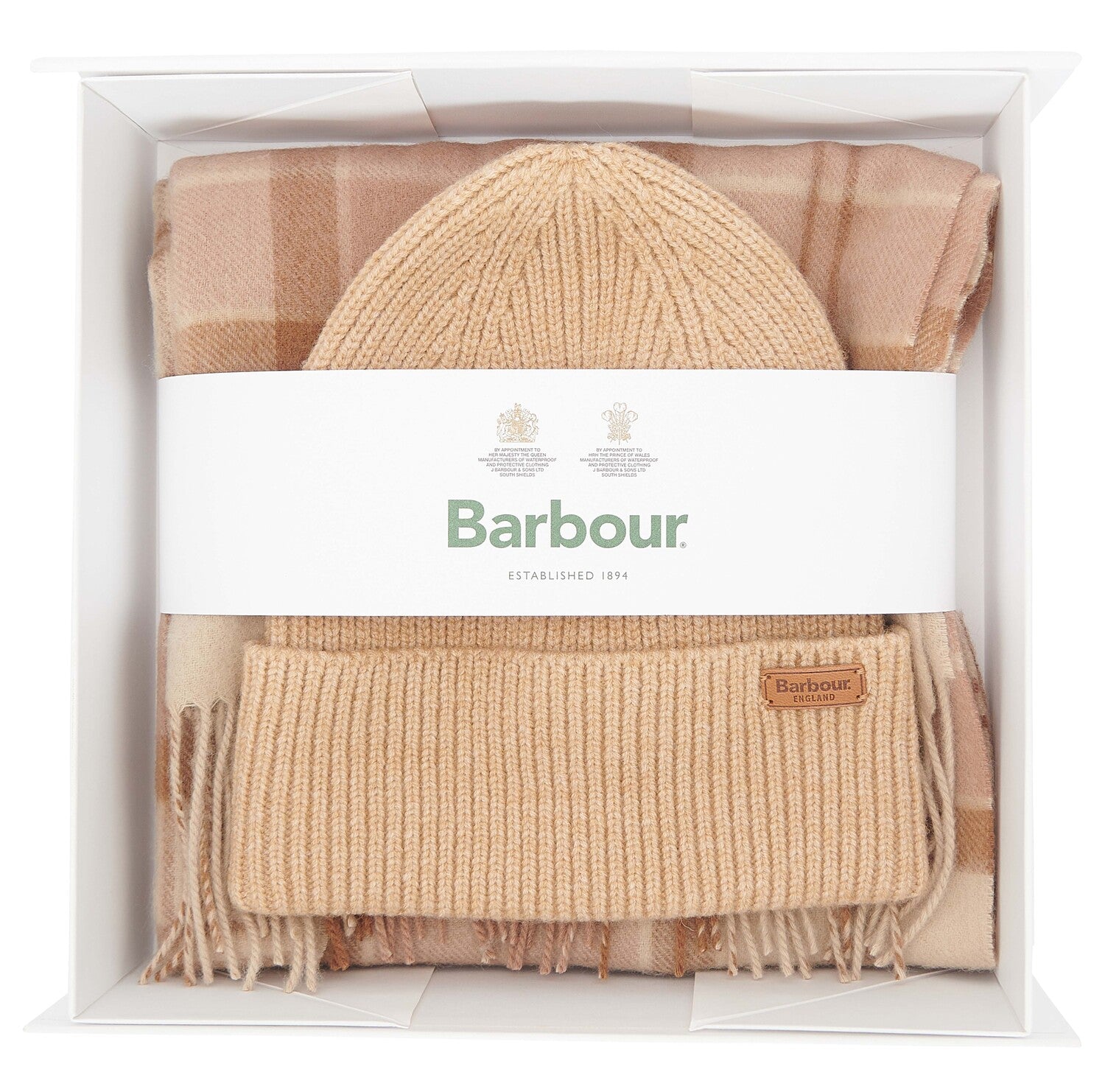 Barbour AUBREY BEANIE & SCARF Gift Set Womens Camel in branded gift box, featuring camel beanie and scarf.