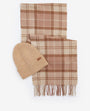 Barbour AUBREY BEANIE & SCARF Gift Set Womens Camel, front view showcasing the beanie and plaid scarf.
