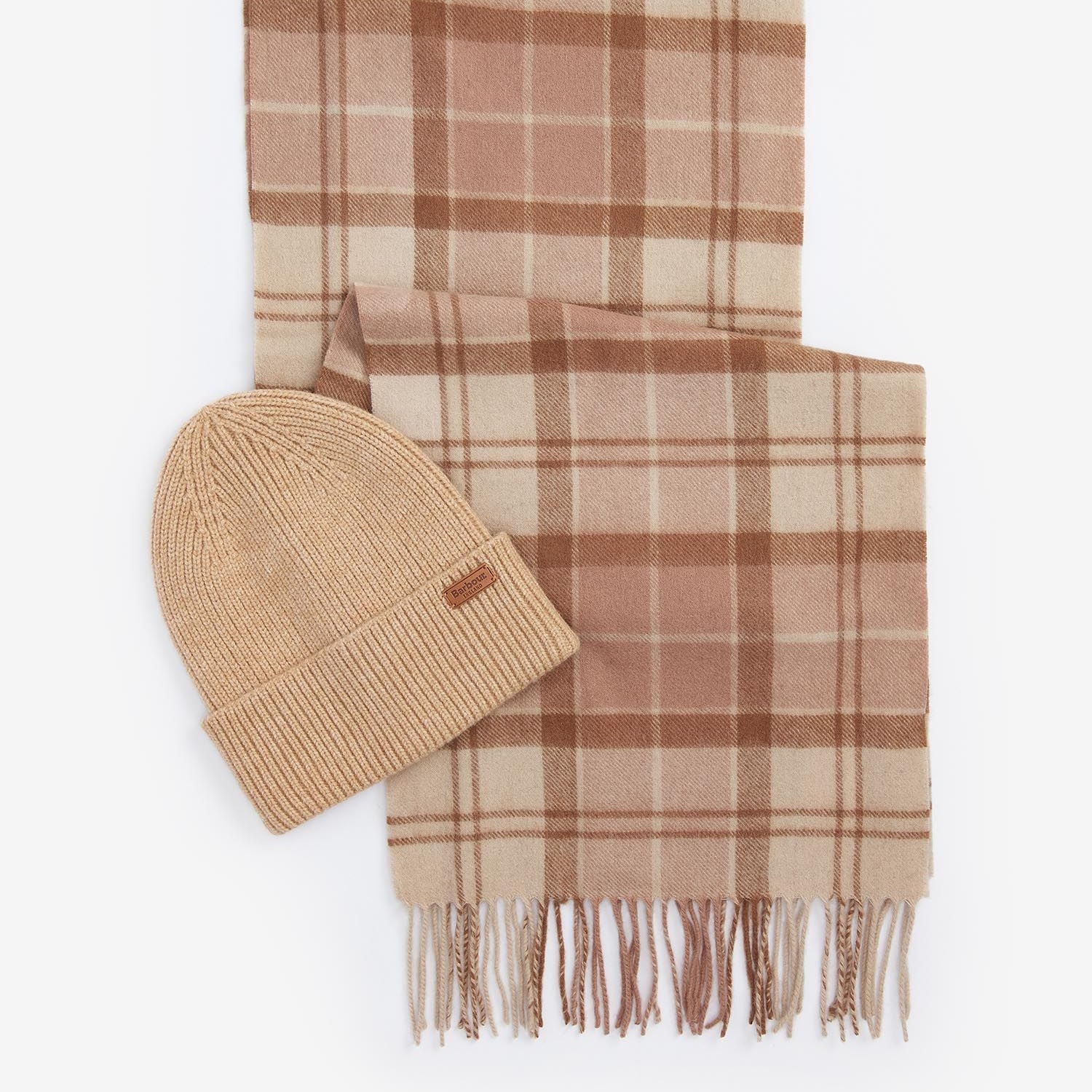 Barbour AUBREY BEANIE & SCARF Gift Set Womens Camel, front view showcasing the beanie and plaid scarf.