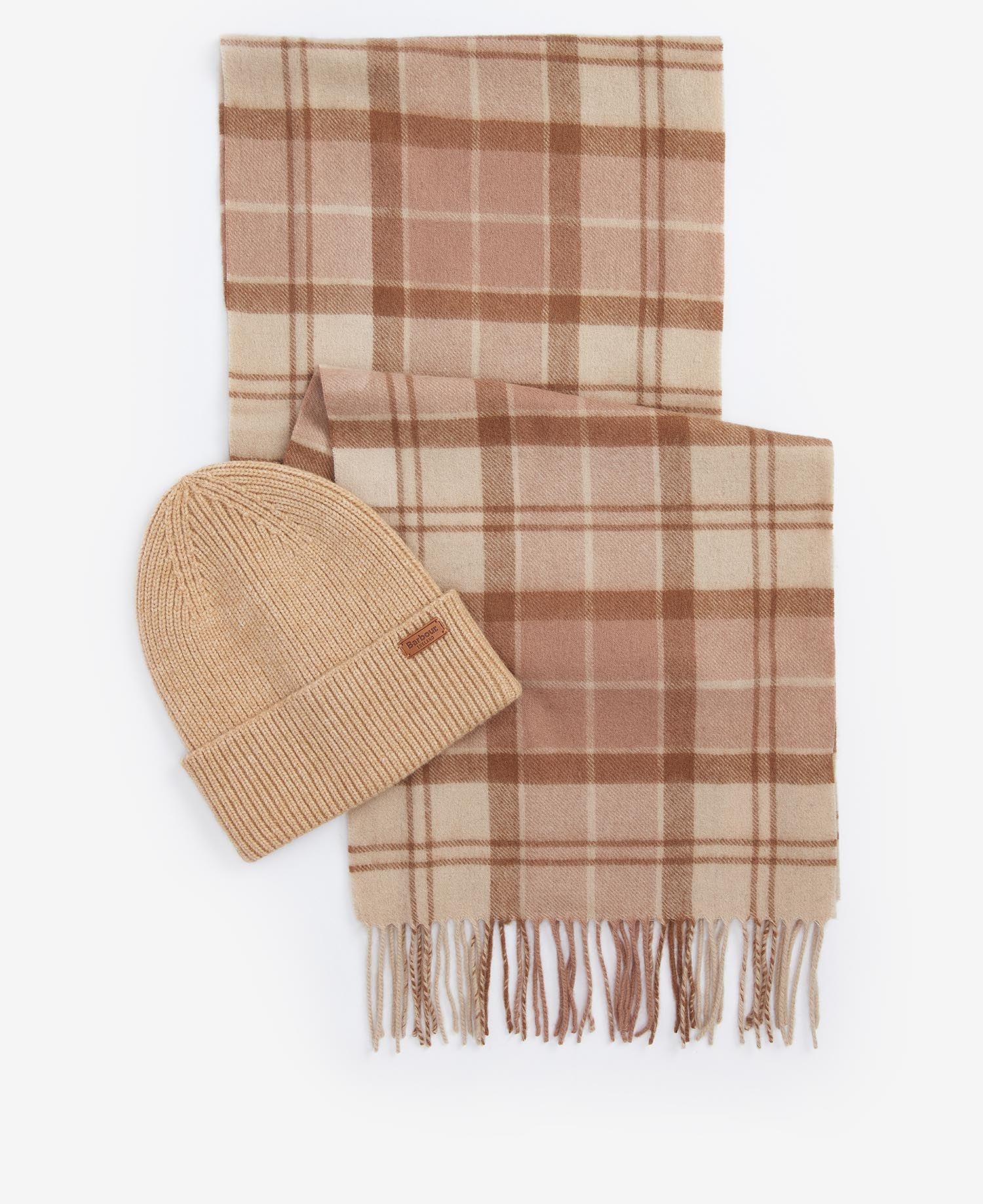 Barbour AUBREY BEANIE & SCARF Gift Set Womens Camel, front view showcasing the beanie and plaid scarf.