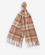 Barbour AUBREY BEANIE & SCARF Gift Set Womens Camel front view of scarf in plaid pattern with fringes.