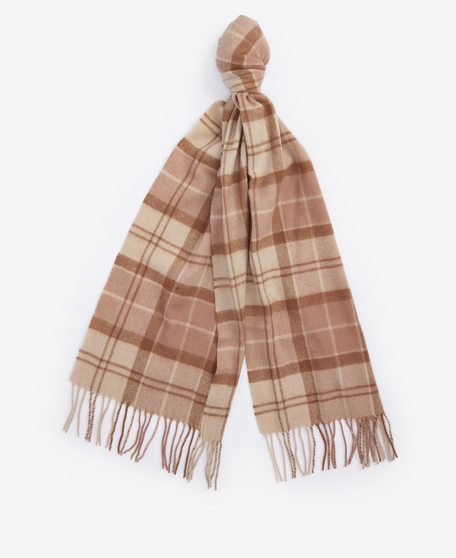 Barbour AUBREY BEANIE & SCARF Gift Set Womens Camel front view of scarf in plaid pattern with fringes.