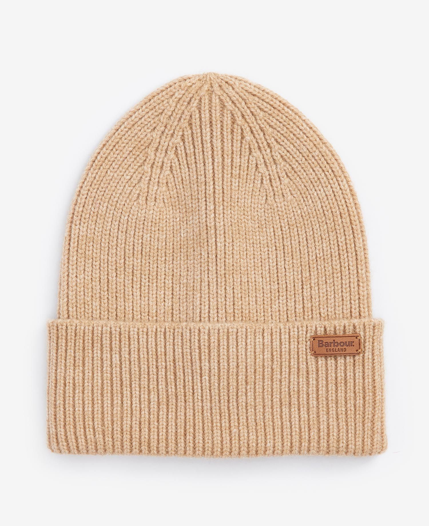 Barbour AUBREY BEANIE & SCARF Gift Set Womens Camel beanie front view in soft camel color with branded tag.