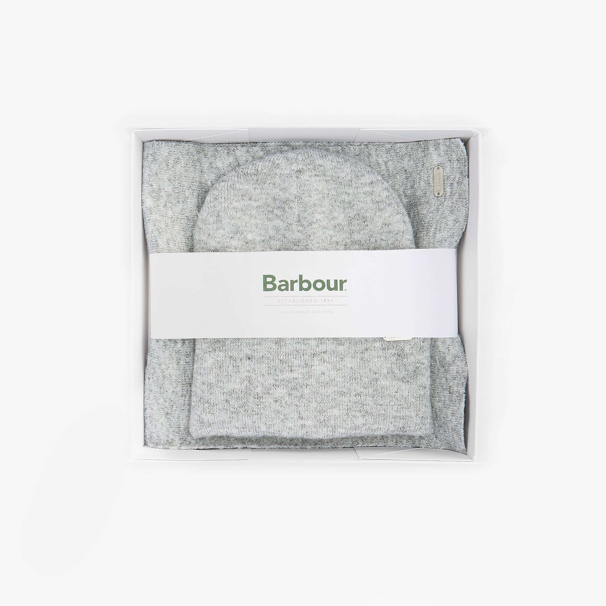Barbour WINONA BEANIE & SCARF Gift Set Womens Beanie Light Grey, top view of boxed beanie and scarf with branding.