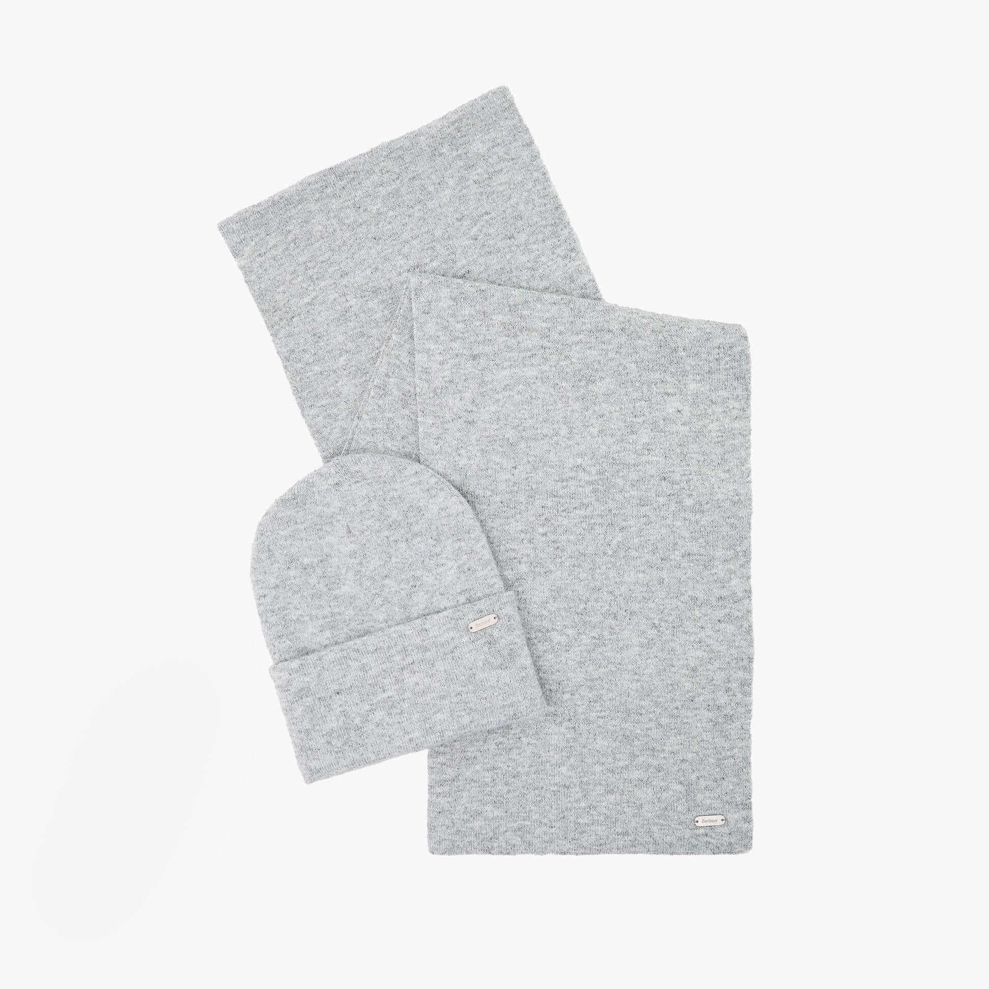 Barbour WINONA BEANIE & SCARF Gift Set Womens Beanie Light Grey front view of beanie and scarf set