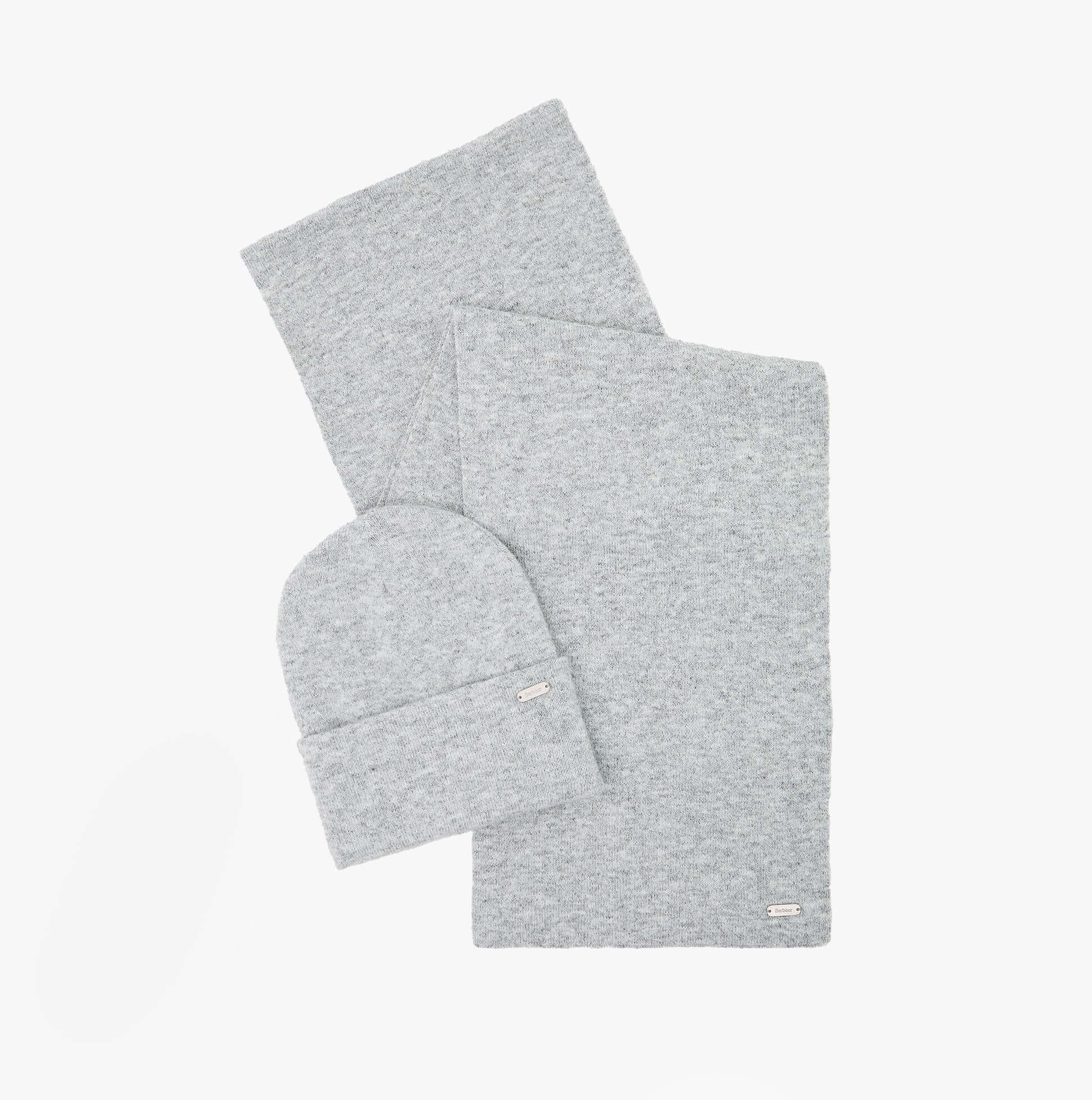 Barbour WINONA BEANIE & SCARF Gift Set Womens Beanie Light Grey front view of beanie and scarf set