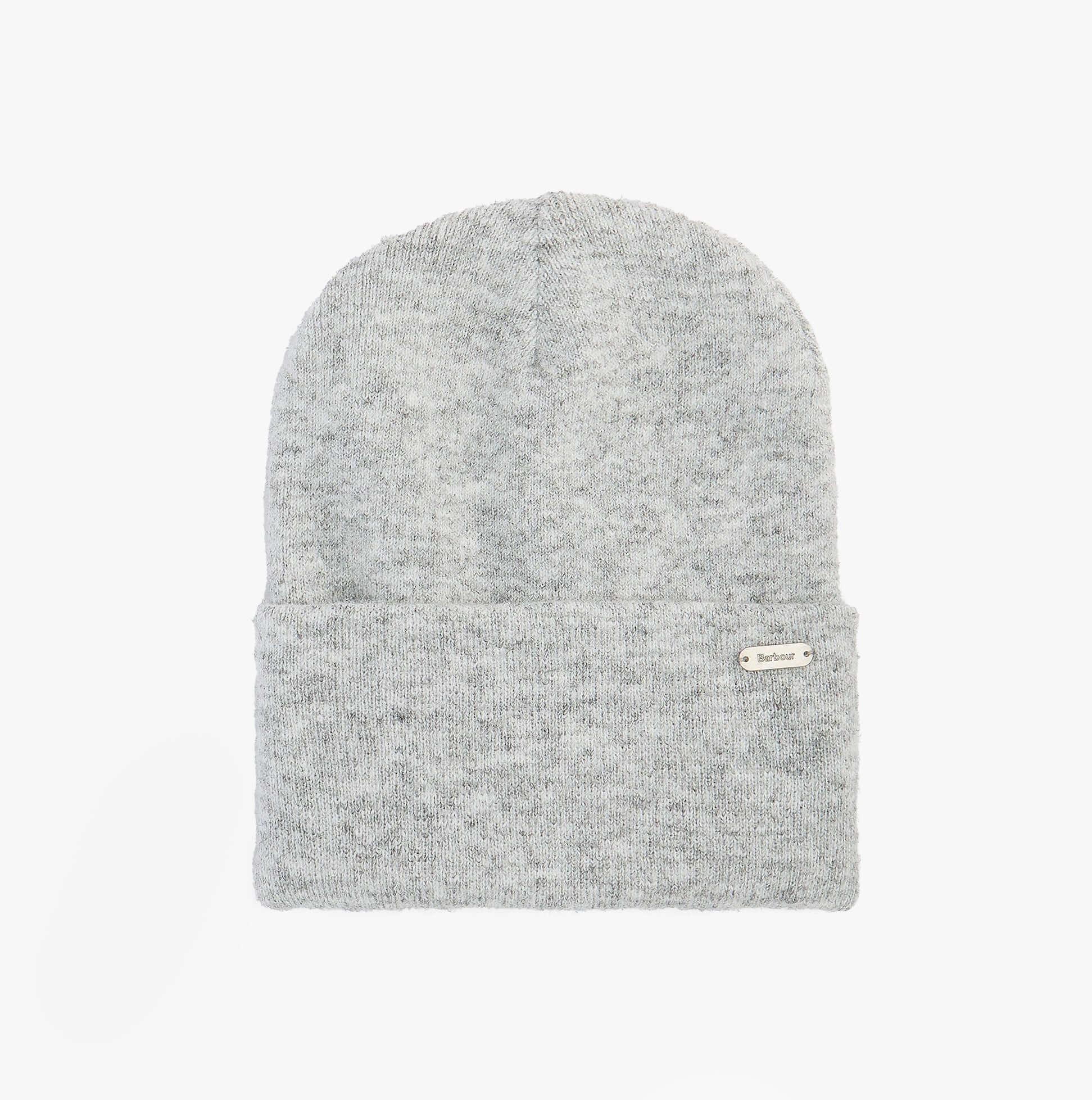 Barbour WINONA BEANIE & SCARF Gift Set Womens Beanie Light Grey top view showing classic beanie style and branded metal badge.
