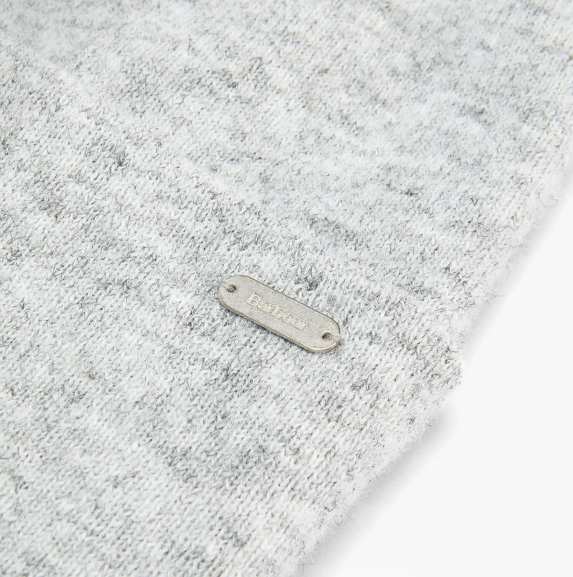 Barbour WINONA BEANIE & SCARF Gift Set Womens Beanie Light Grey detail view showing branded metal badge.