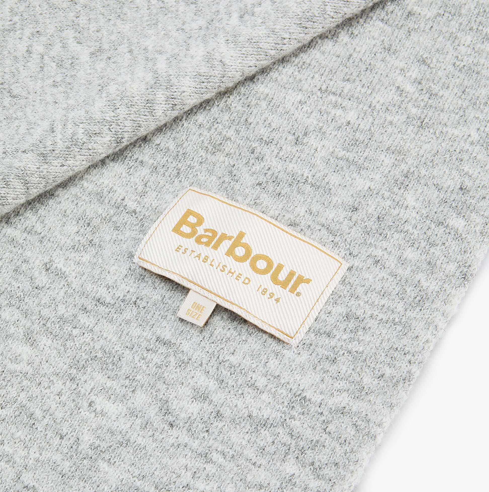 Barbour WINONA BEANIE & SCARF Gift Set Womens Beanie Light Grey detail view showing branded label.