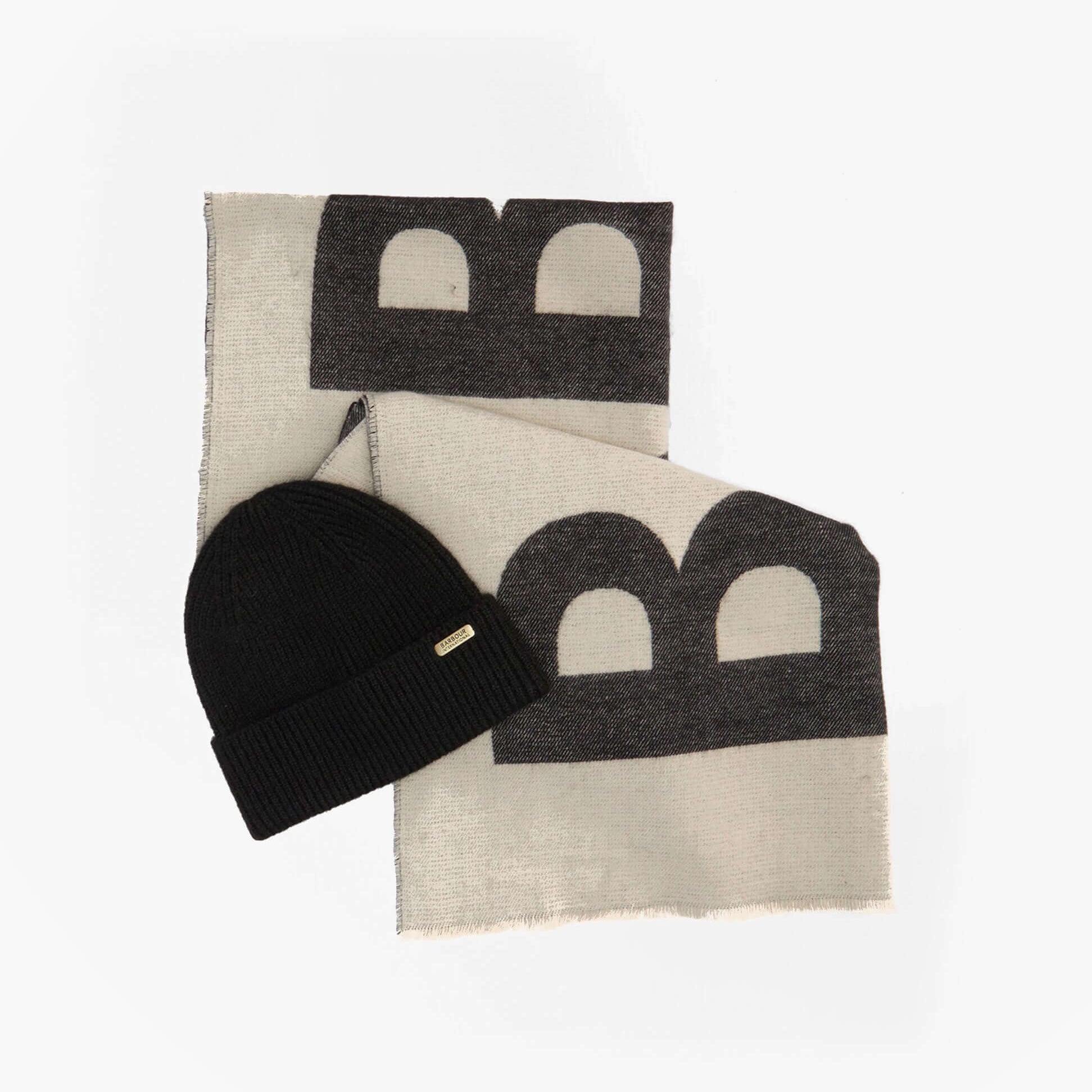 Barbour PENDLE BEANIE & MILLA SCARF Gift Set Womens Black/Jasmine front view of beanie and scarf on white background.