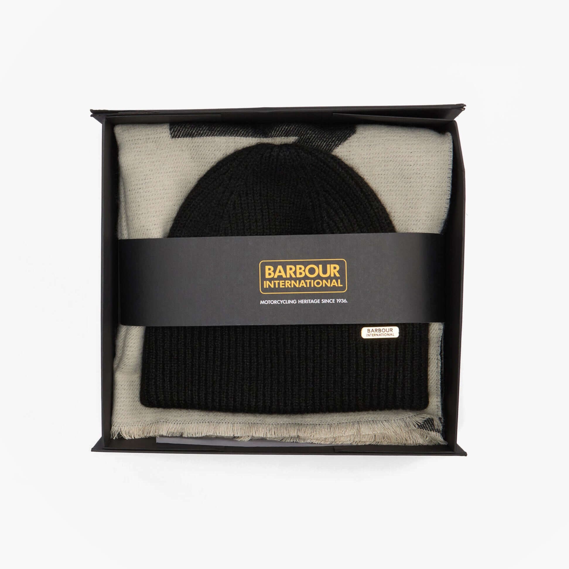 Barbour PENDLE BEANIE & MILLA SCARF Gift Set Womens Black/Jasmine, front view in gift box.