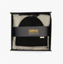 Barbour PENDLE BEANIE & MILLA SCARF Gift Set Womens Black/Jasmine, front view in gift box.