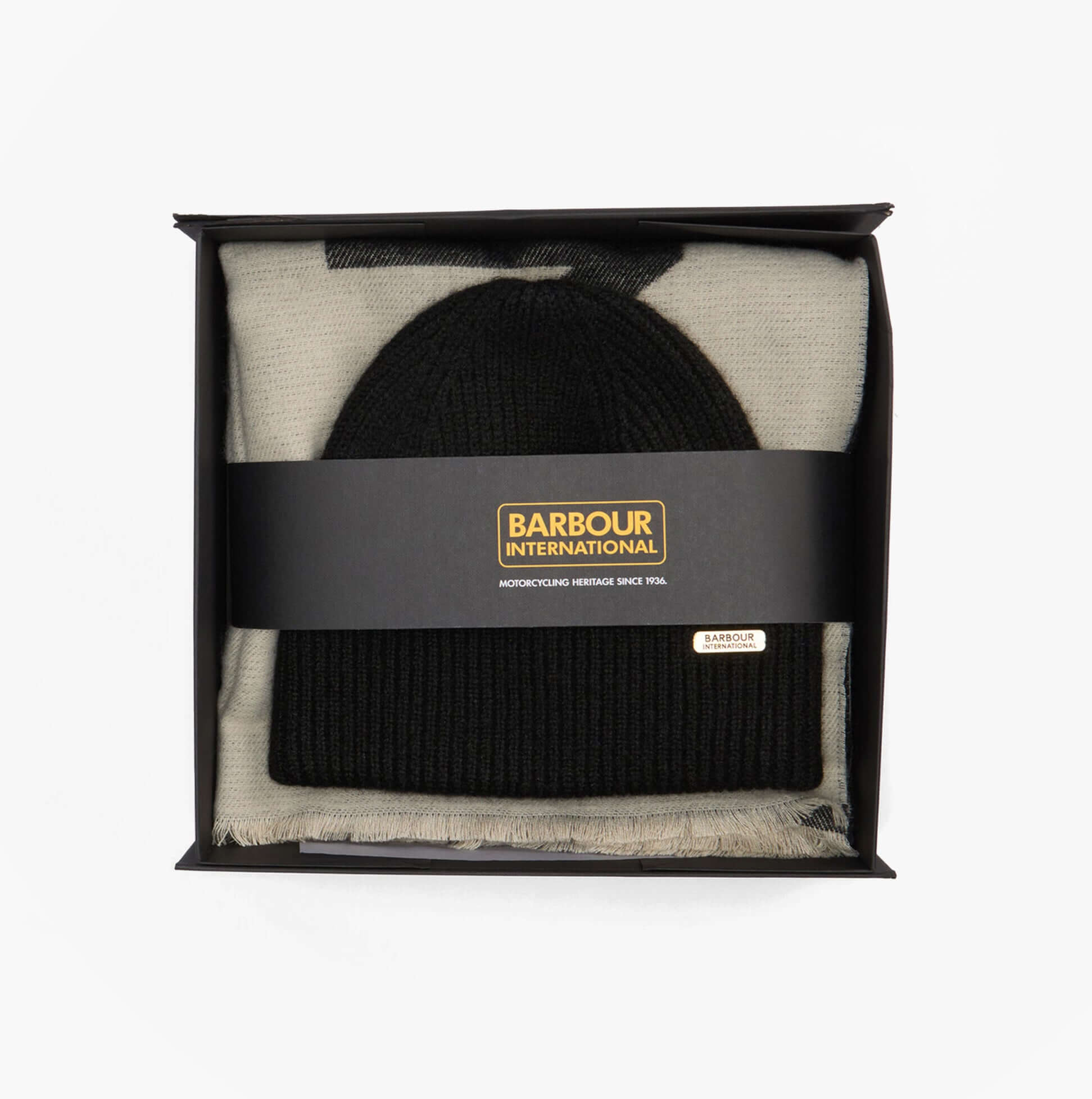 Barbour PENDLE BEANIE & MILLA SCARF Gift Set Womens Black/Jasmine, front view in gift box.