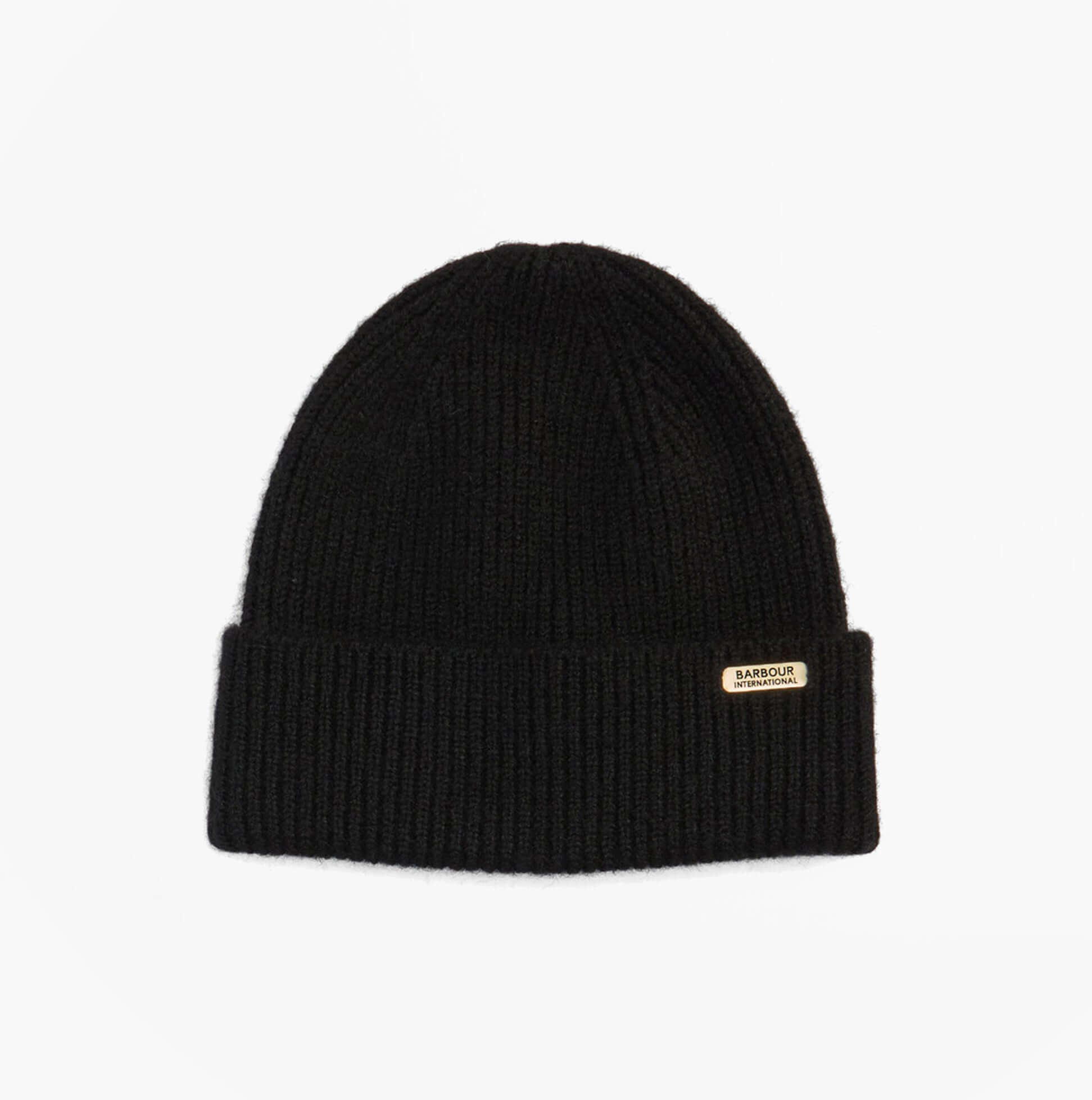 Barbour PENDLE BEANIE & MILLA SCARF Gift Set Womens Black/Jasmine front view of a black beanie with logo