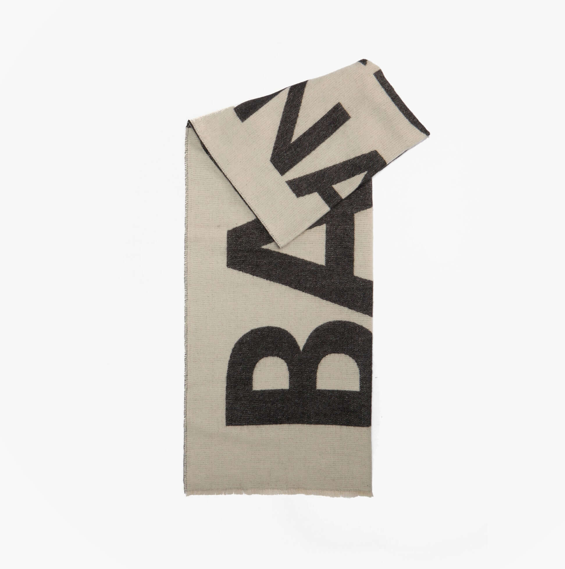 Barbour PENDLE BEANIE & MILLA SCARF Gift Set Womens Black/Jasmine detail view of scarf with bold lettering.
