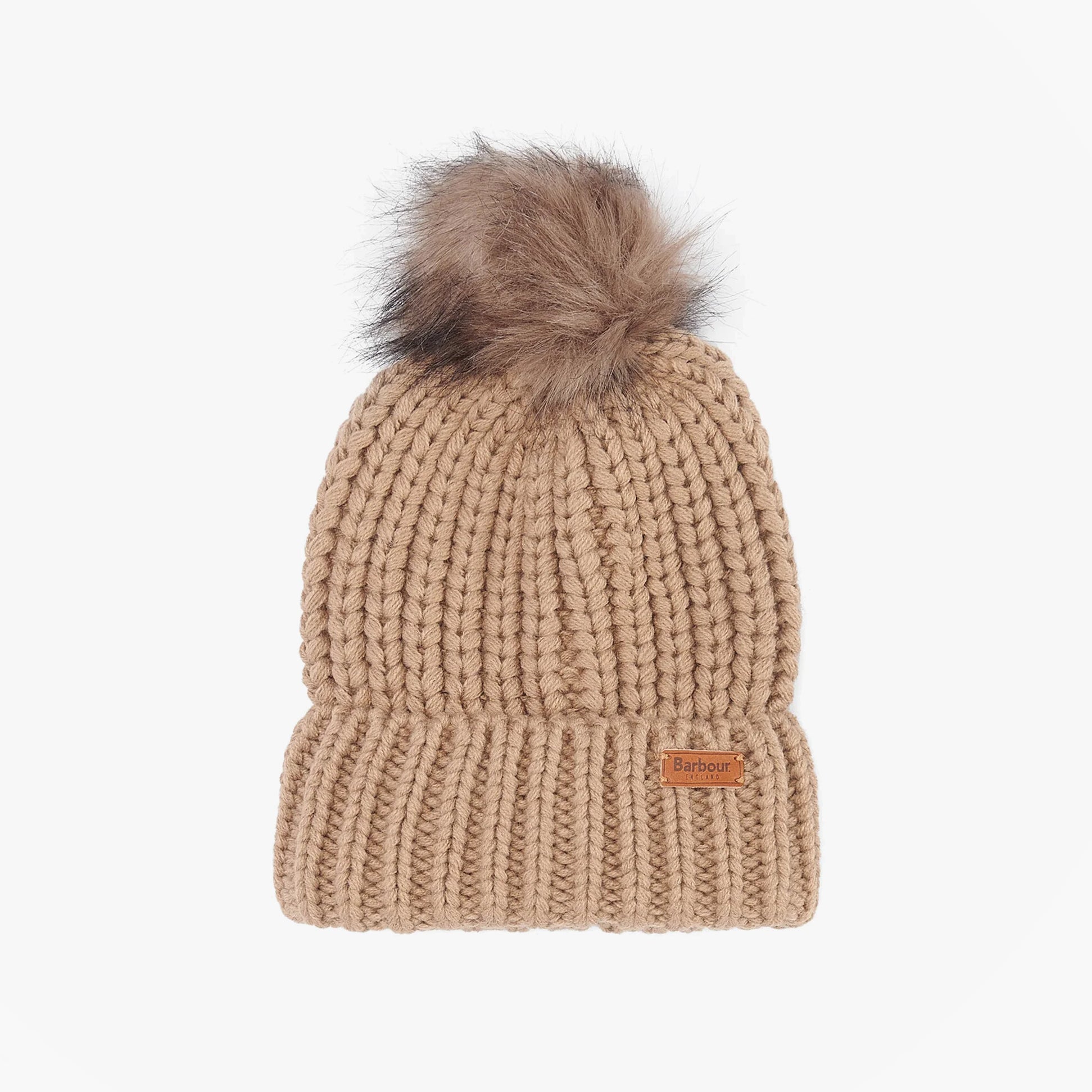 Barbour SALTBURN Womens Pom-Pom Beanie Mink front view showcasing chunky-knit style and faux-fur pom-pom.