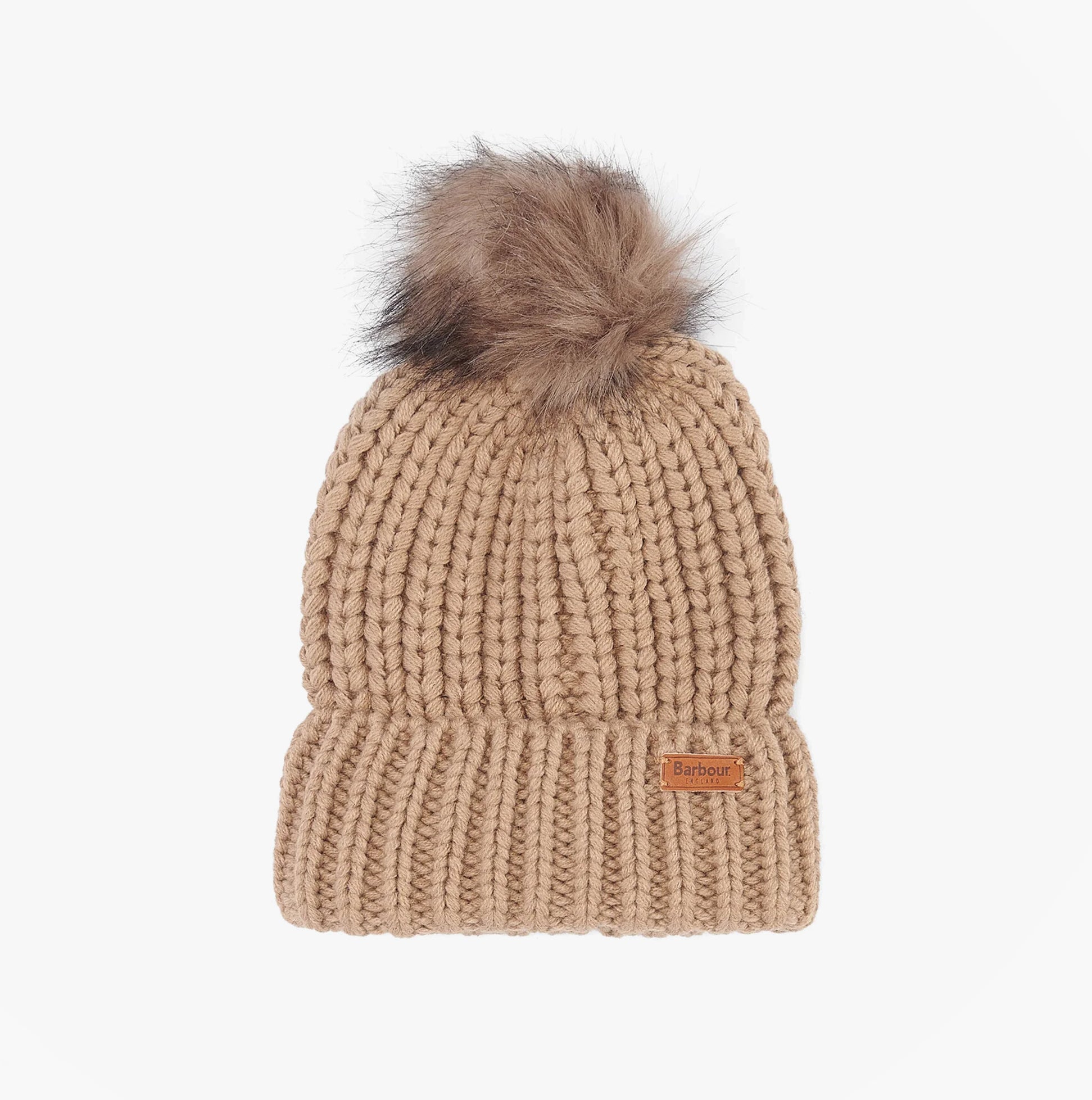 Barbour SALTBURN Womens Pom-Pom Beanie Mink front view showcasing chunky-knit style and faux-fur pom-pom.