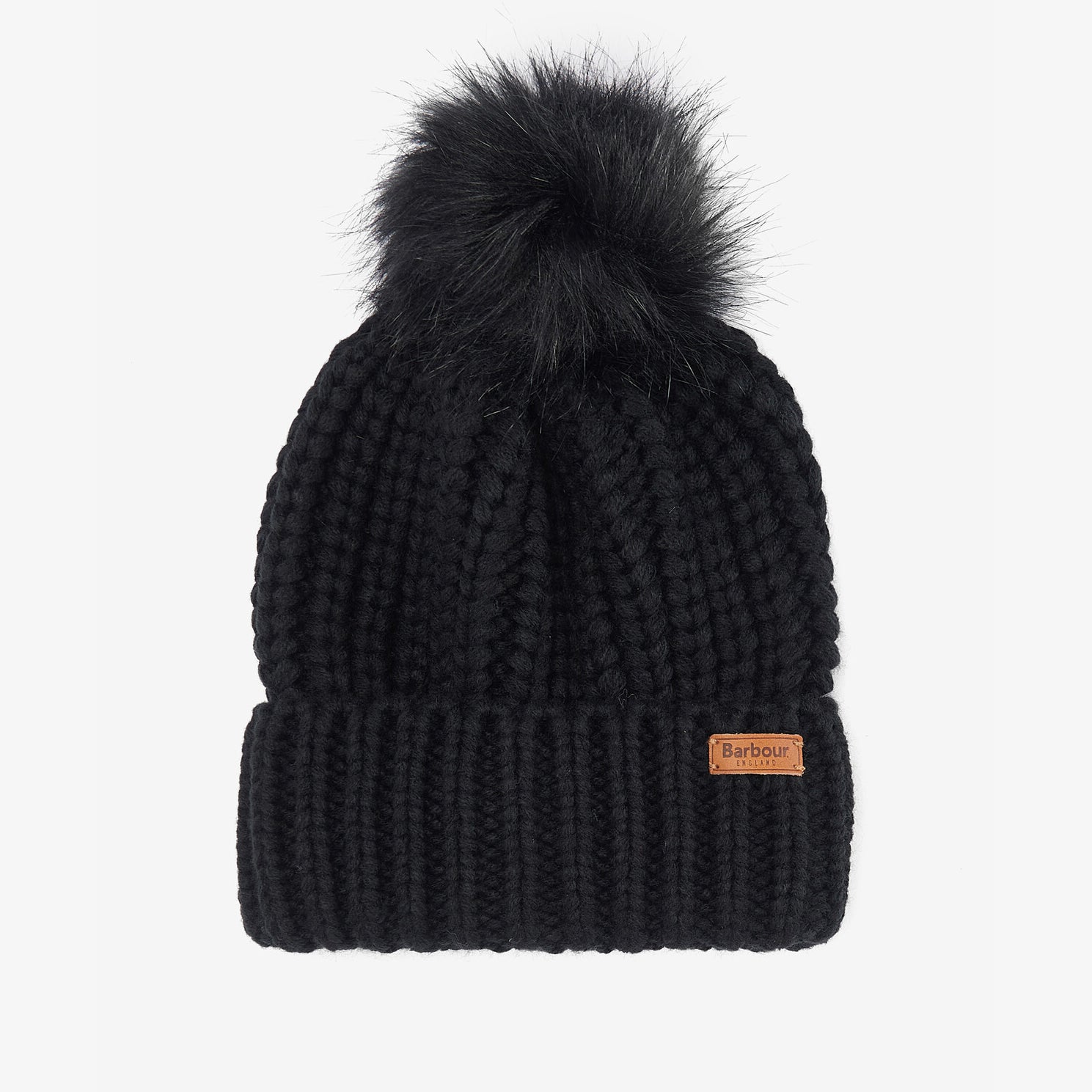 Barbour SALTBURN Womens Pom-Pom Beanie Black front view showcasing chunky-knit style and faux-fur pom-pom detail.