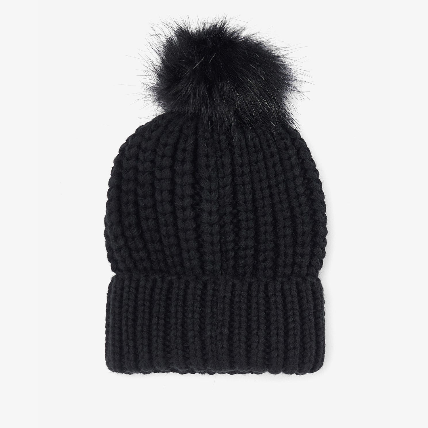 Barbour SALTBURN Womens Pom-Pom Beanie Black, top view showing faux-fur pom-pom and chunky-knit design.